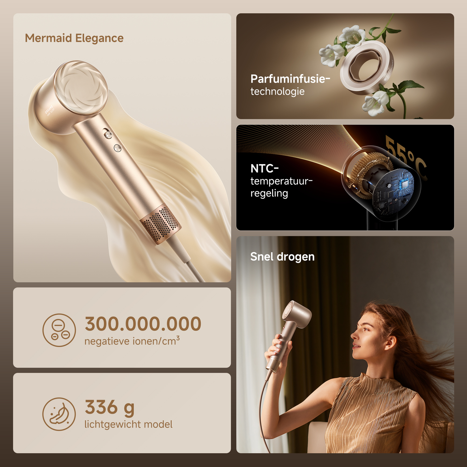 Een vrouw gebruikt een gouden haardroger. De afbeelding toont de kenmerken van de droger, waaronder negatieve ionen, lichtgewicht en temperatuurregeling.