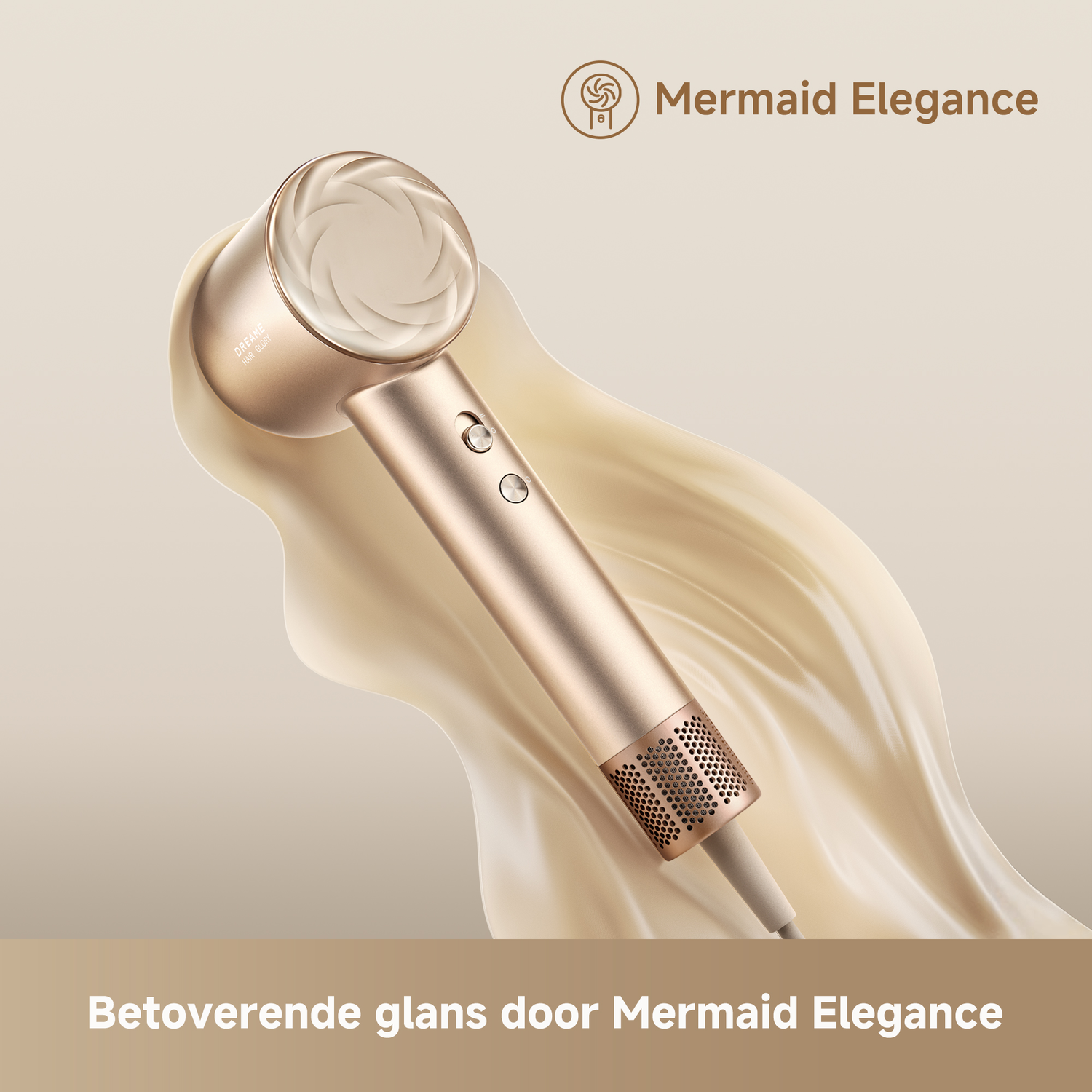 Een gouden föhn met een wervelend ontwerp tegen een vloeiende beige achtergrond. Tekst: 'Mermaid Elegance'.