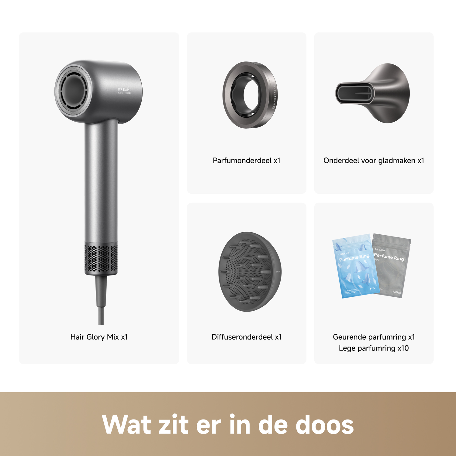 Een grijze haardroger, opzetstukken en parfumringen staan tegen een witte achtergrond. Tekst: 'Wat zit er in de doos?'