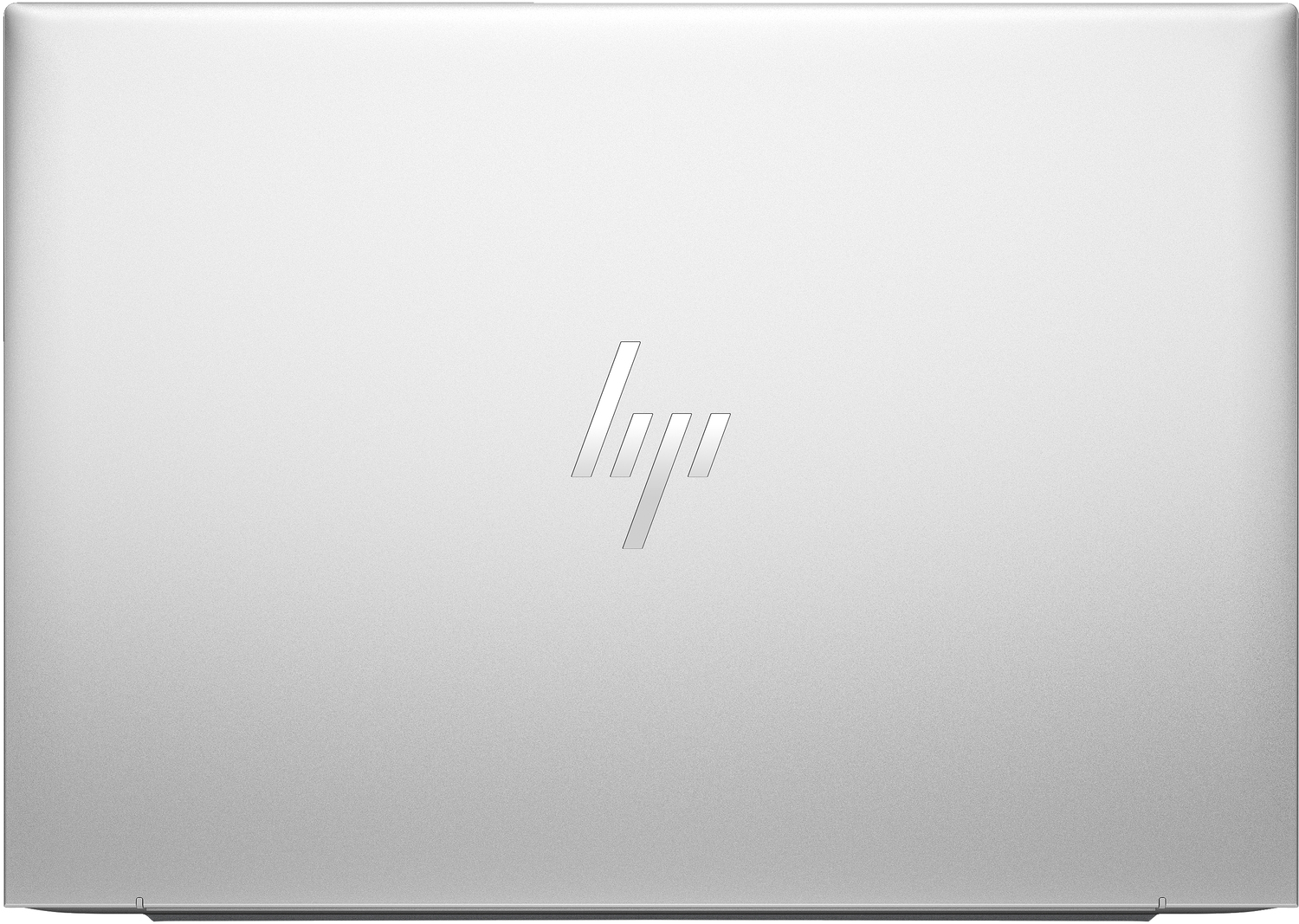 Laptop plateado, vista superior. La parte trasera del portátil, con el logotipo de HP.