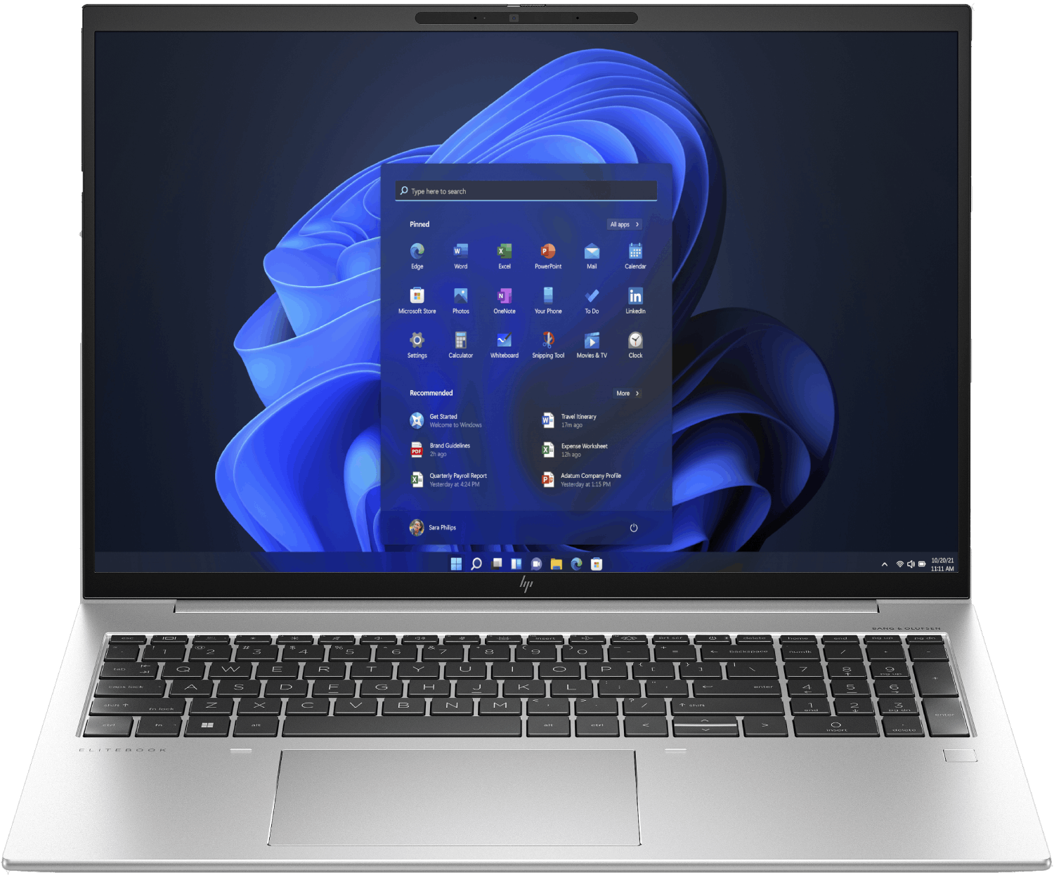 Ordenador portátil que muestra la interfaz de Windows 11, con un fondo azul oscuro.