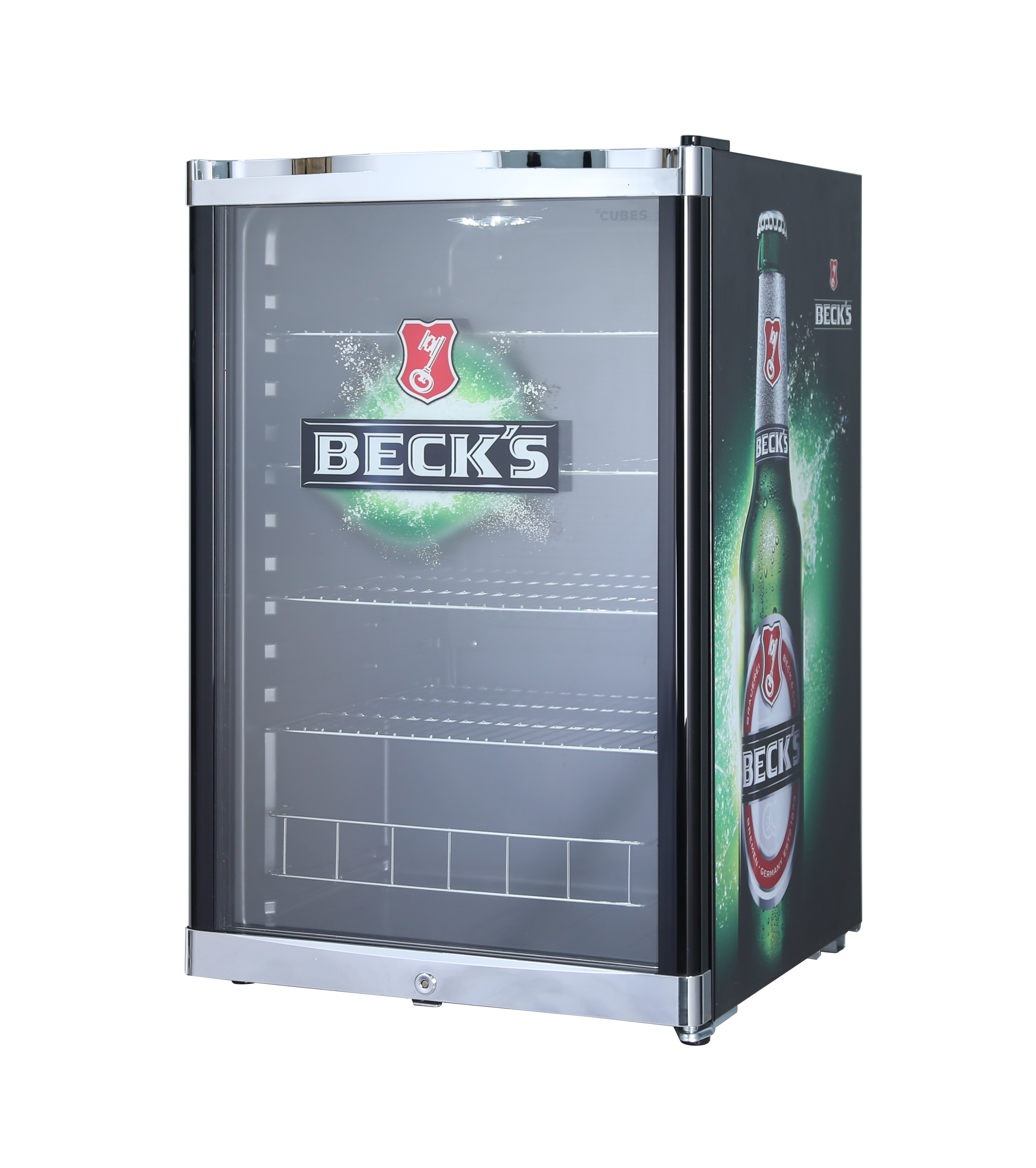 Ein Beck's Bier Mini-Kühlschrank mit grün-weißem Beck's Flaschendesign.