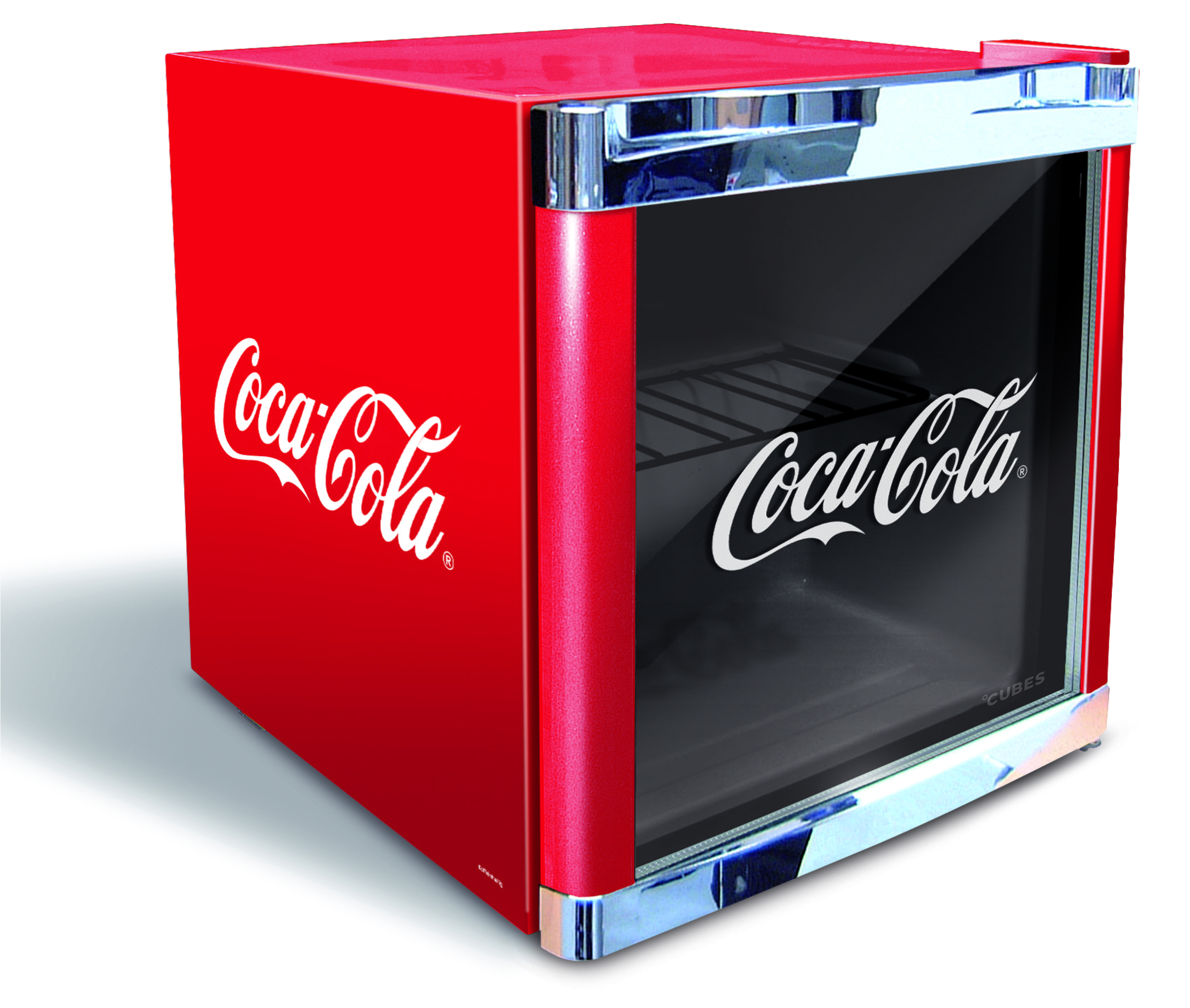 Ein roter Coca-Cola Mini-Kühlschrank mit Coca-Cola-Logo auf Tür und Seite.