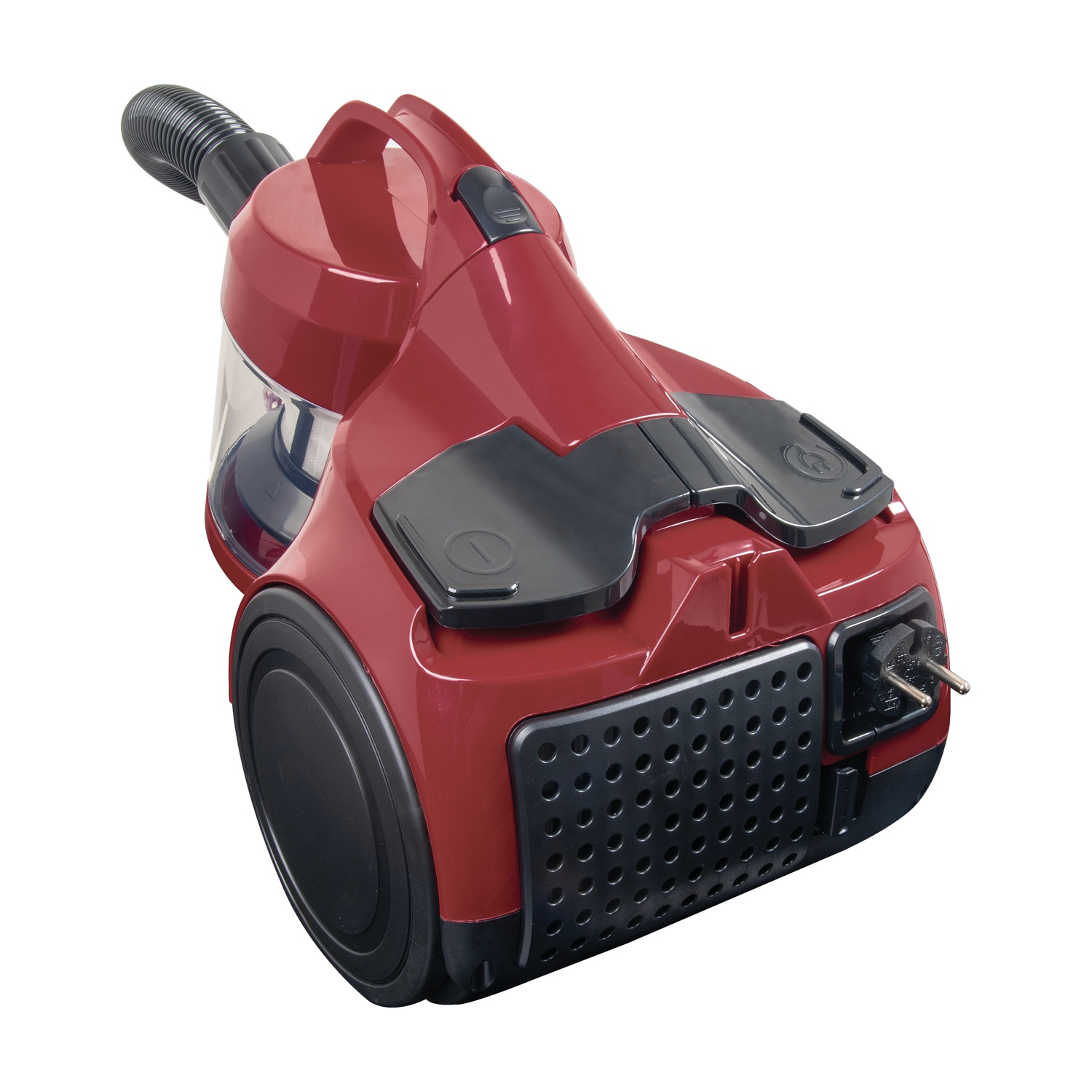 Aspirapolvere rosso con corpo nero. Ha una maniglia e un pannello nero sul retro.