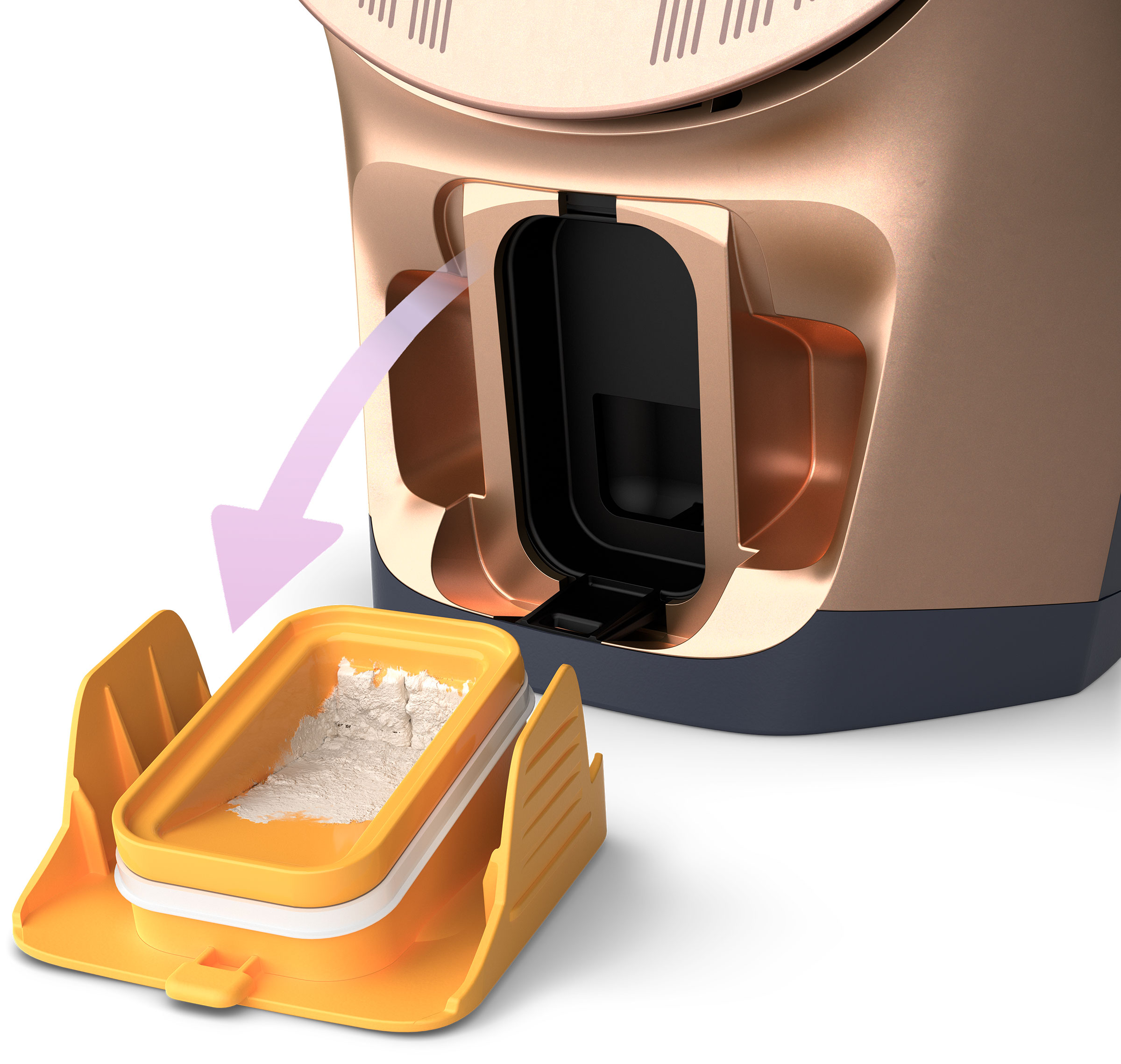 Zbliżenie żelazka. Wsypywana jest sproszkowana substancja.