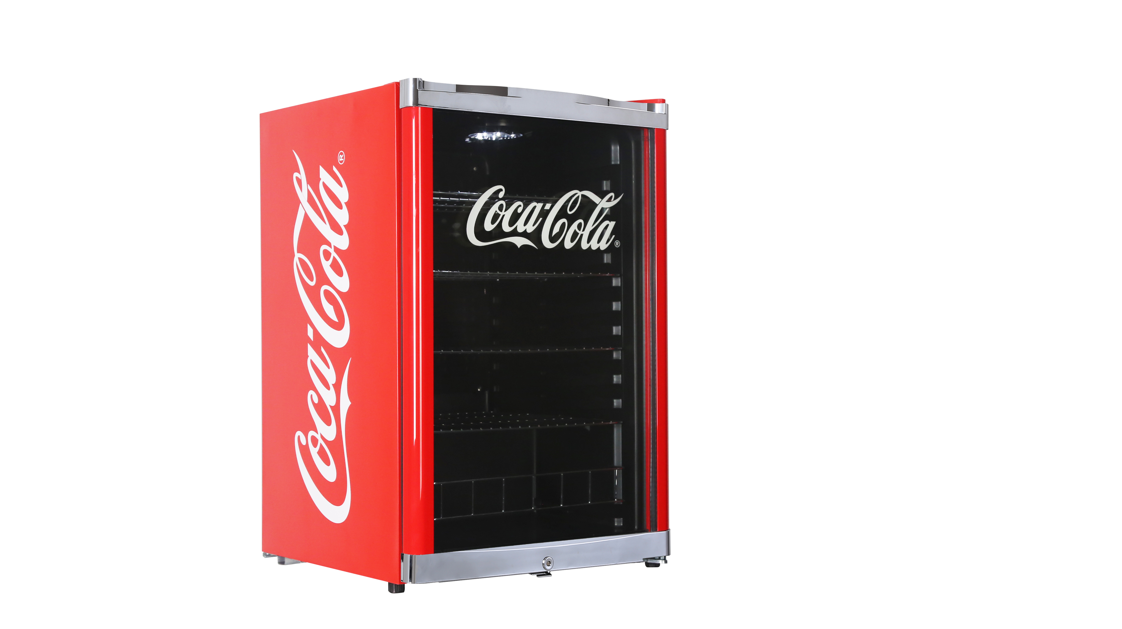Roter Coca-Cola-Minikühlschrank mit Glastür, Coca-Cola-Logo auf der Seite.
