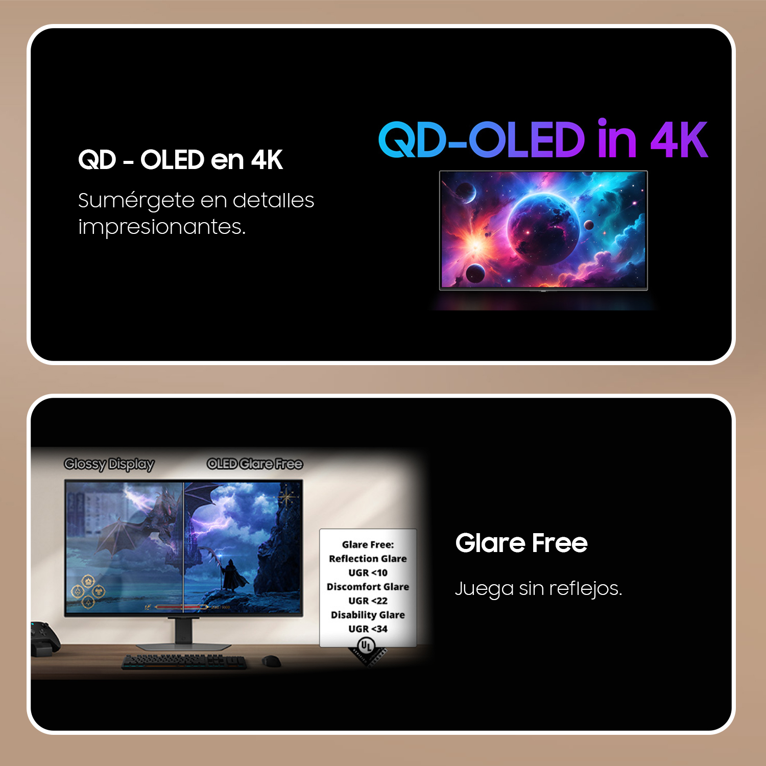 Monitor con texto: Samsung OLED Safeguard+ y 240 Hz.