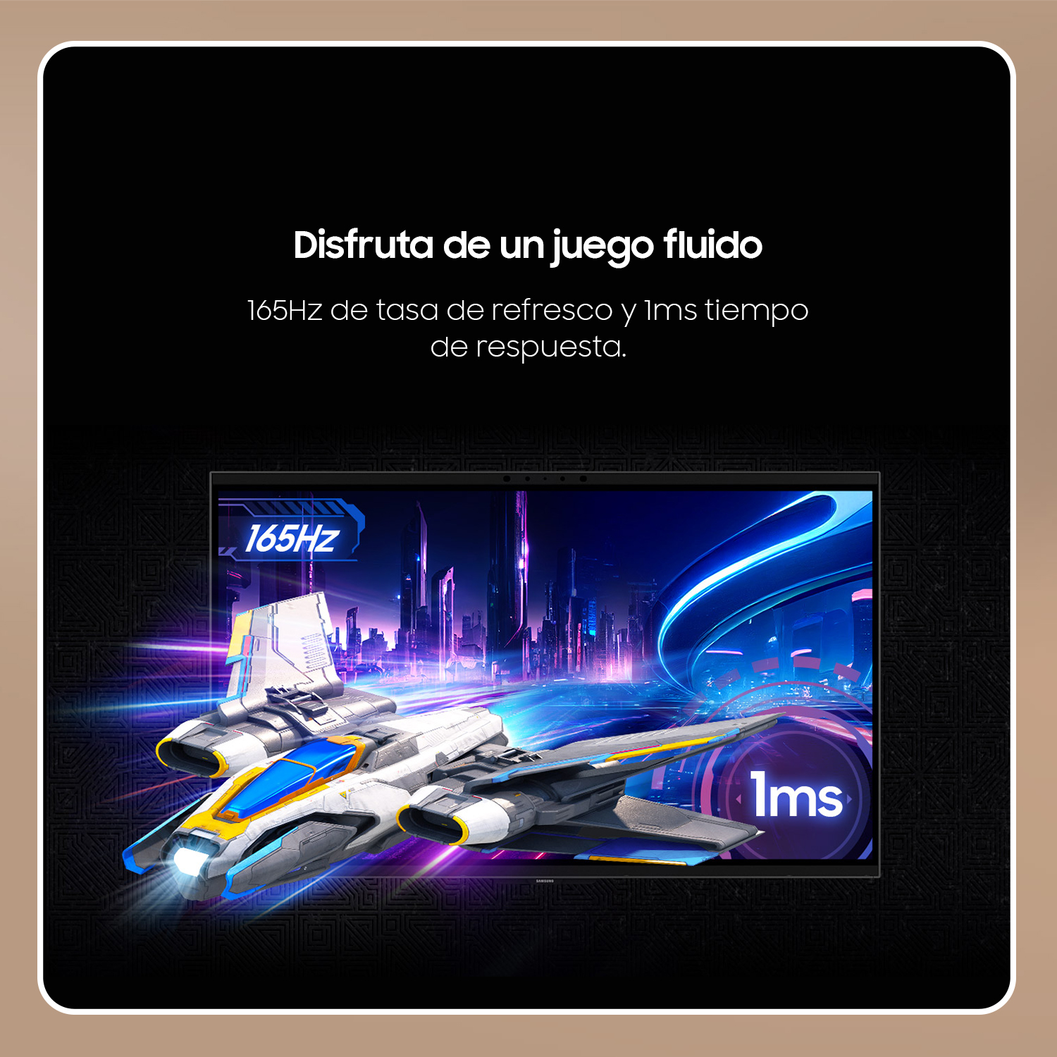 Una pantalla de monitor muestra una nave espacial en una ciudad futurista. Texto dice 165Hz y 1ms.