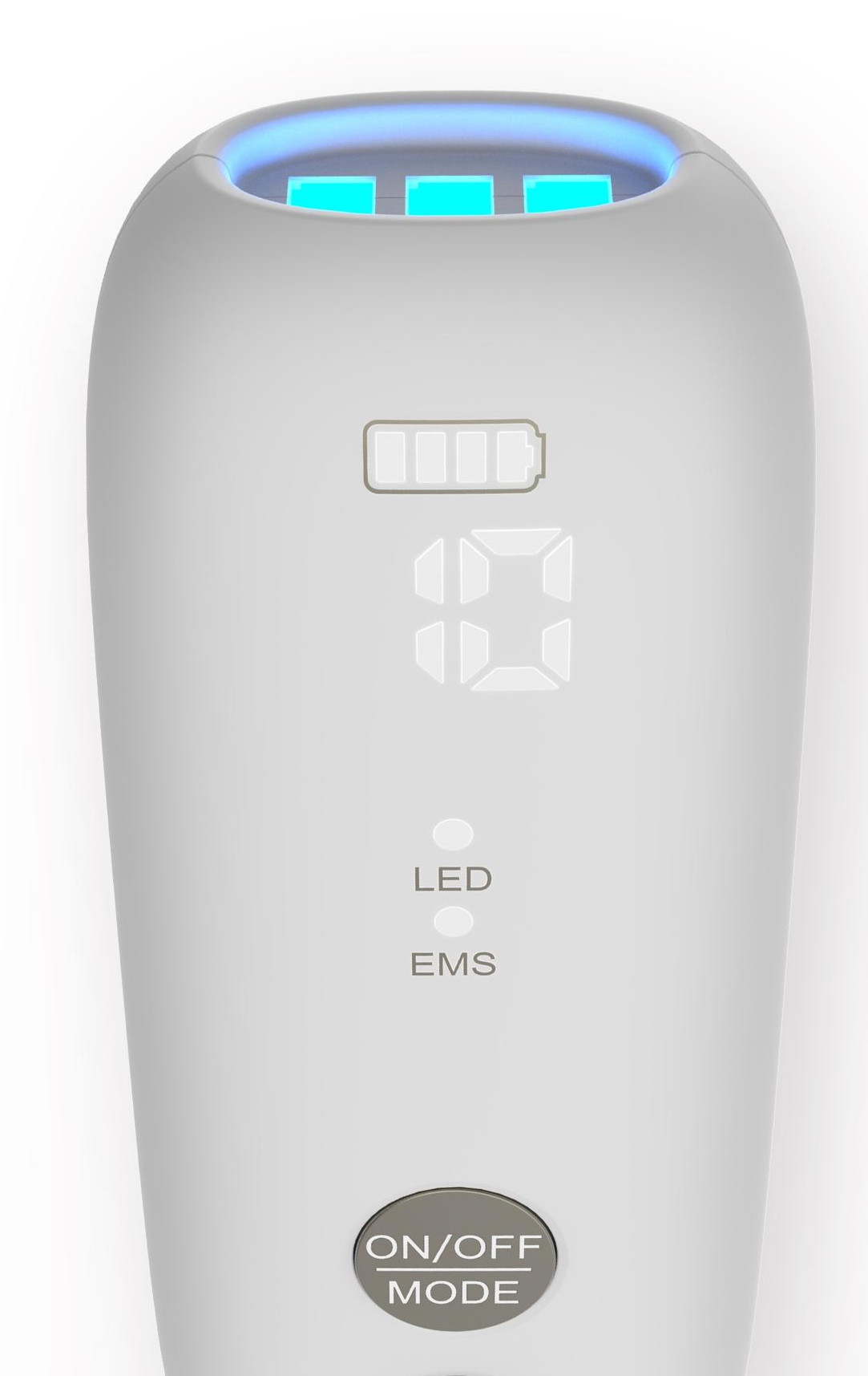 Zbliżenie na białe urządzenie z ekranem, przyciskami i wskaźnikiem baterii. Niebieskie światło u góry.