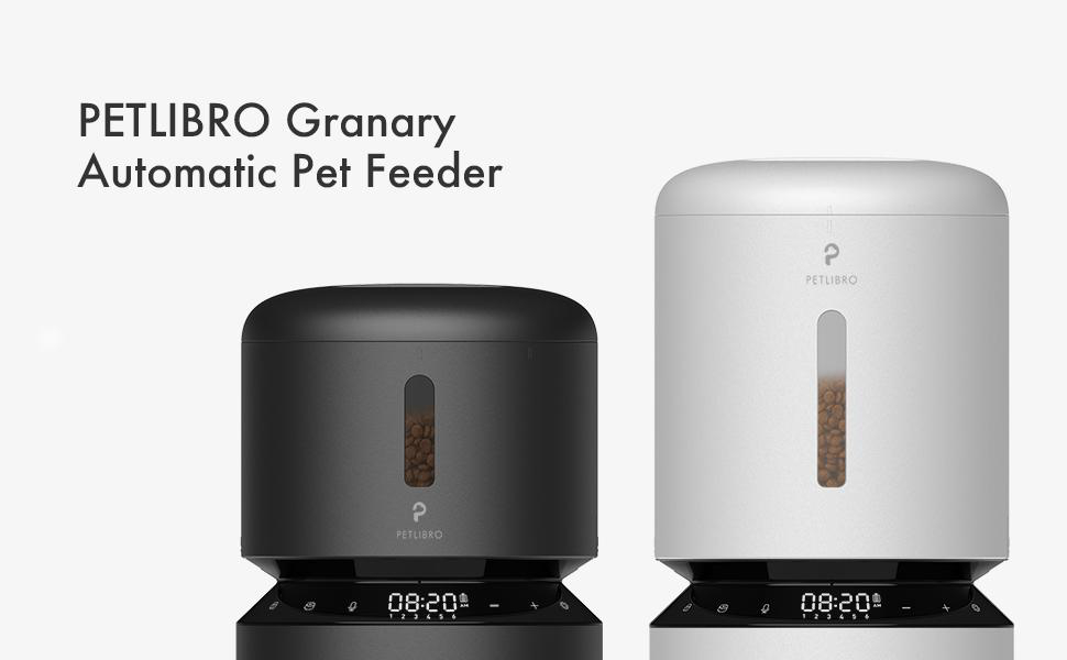Schwarzer und weißer automatischer Futterautomat mit dem Markennamen PETLIBRO und den Wörtern Granary und Automatic Pet Feeder.