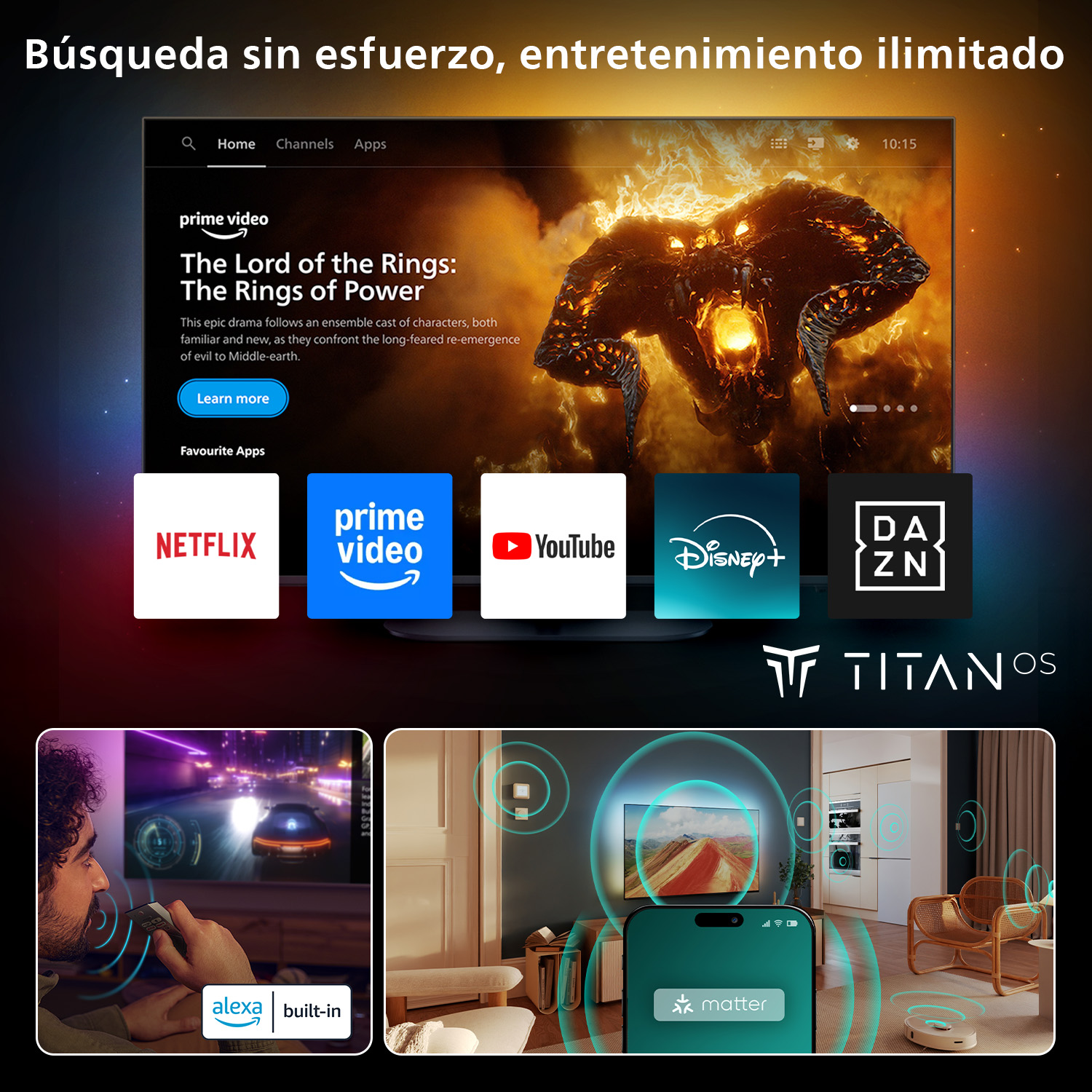 TV mostrando Prime Video. Se muestran las funciones de Alexa y Matter.
