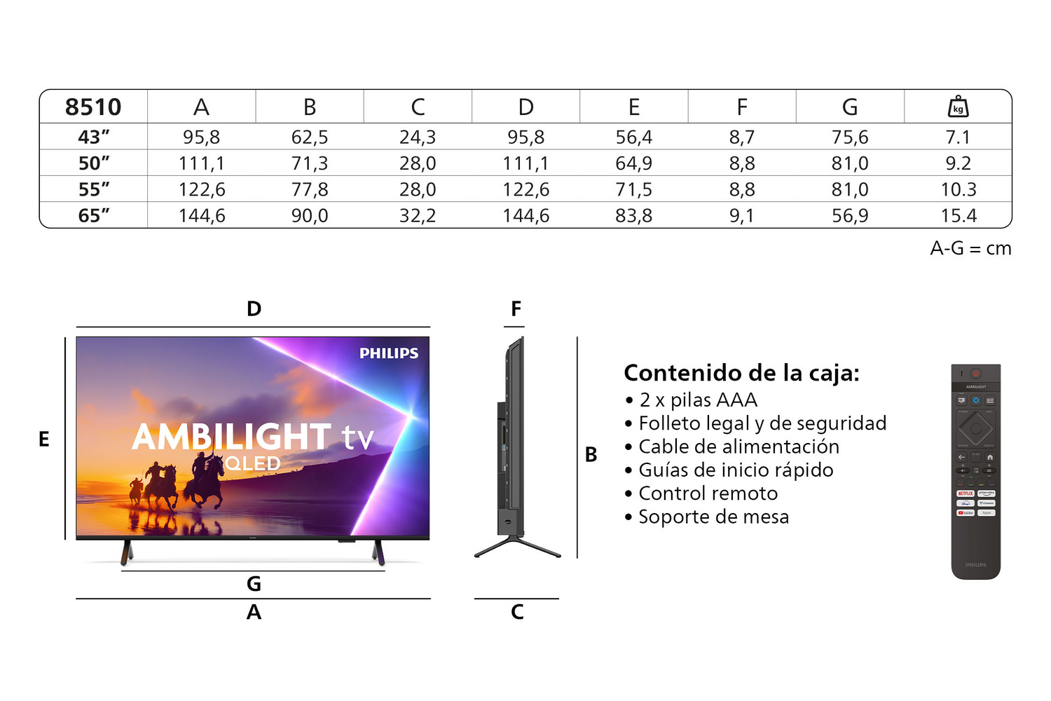 Se muestran las dimensiones del TV y el contenido de la caja. Se muestra el control remoto.