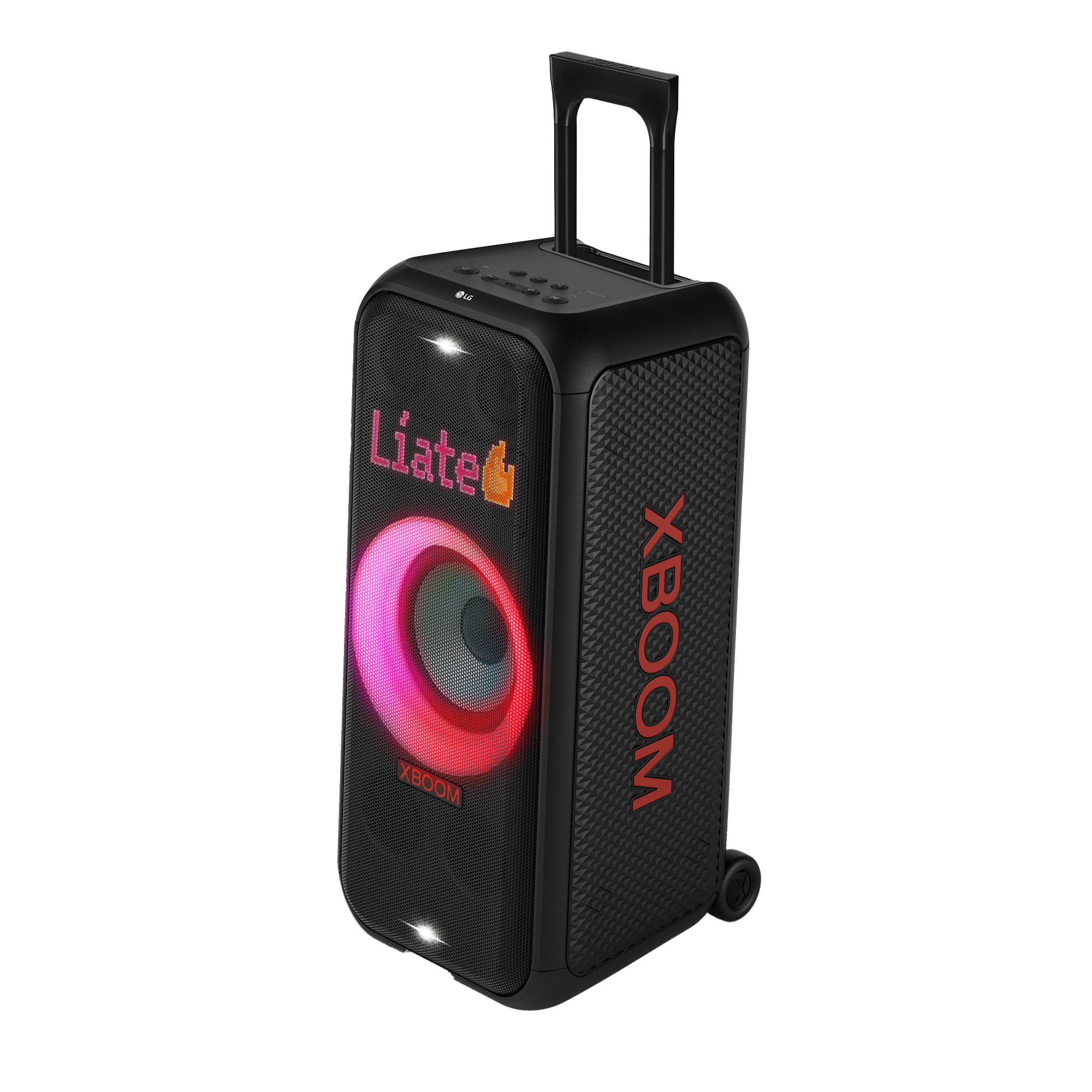 Altavoz negro LG con luces LED rojas, asa y ruedas. Logotipo XBOOM.