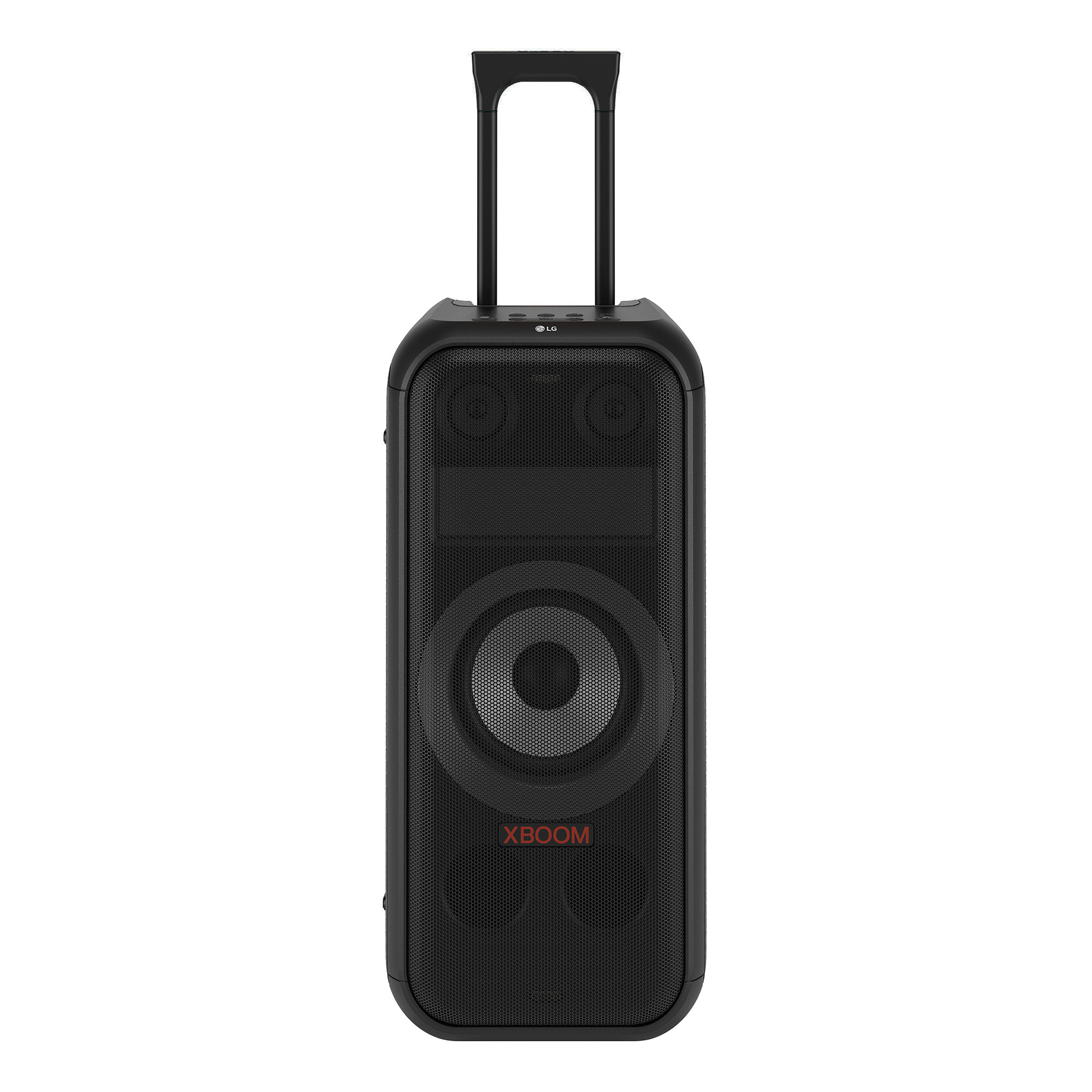 Altavoz negro LG con luces rojas y moradas, logotipo XBOOM rojo.