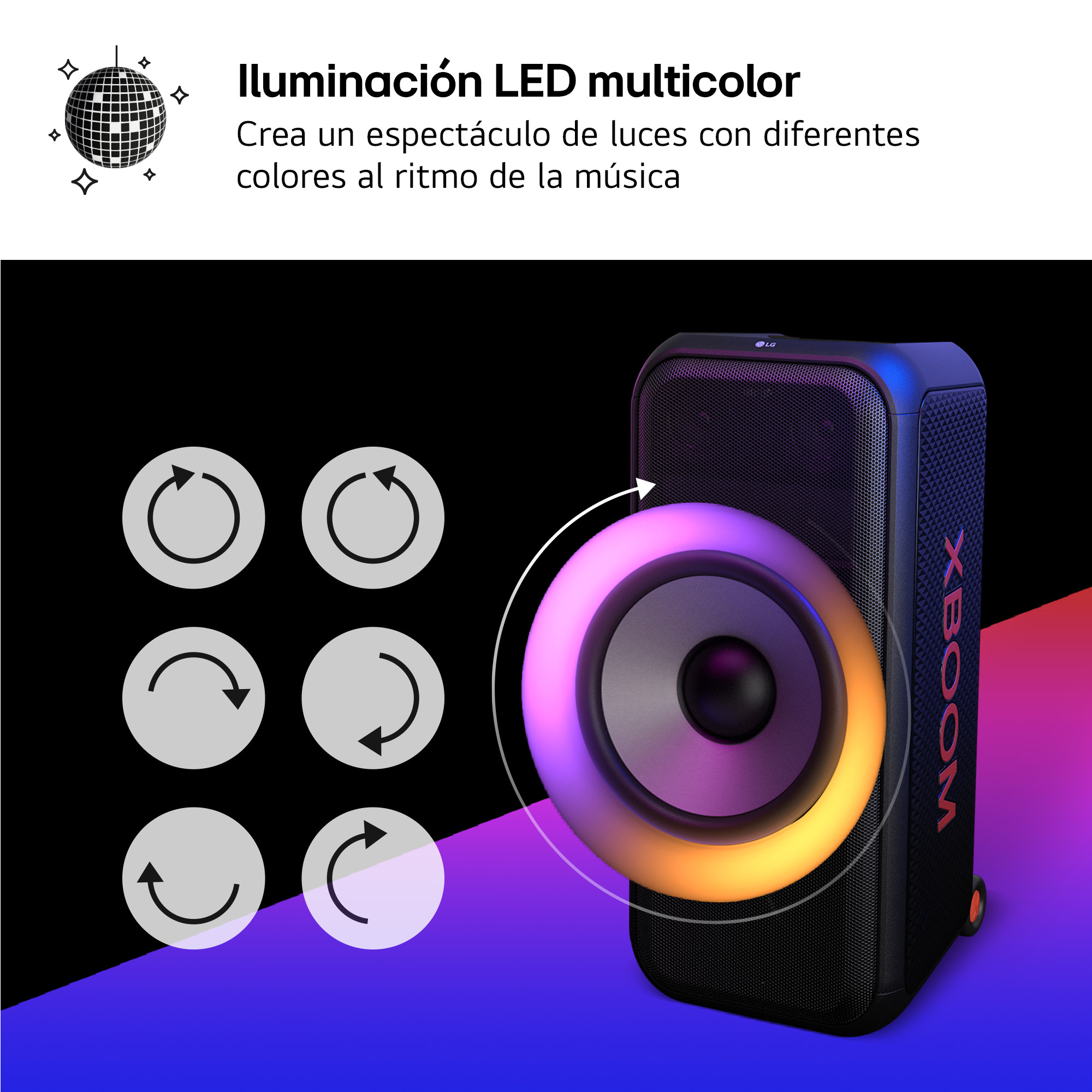 Un altavoz negro con una pantalla de luz colorida y etiquetas de texto.