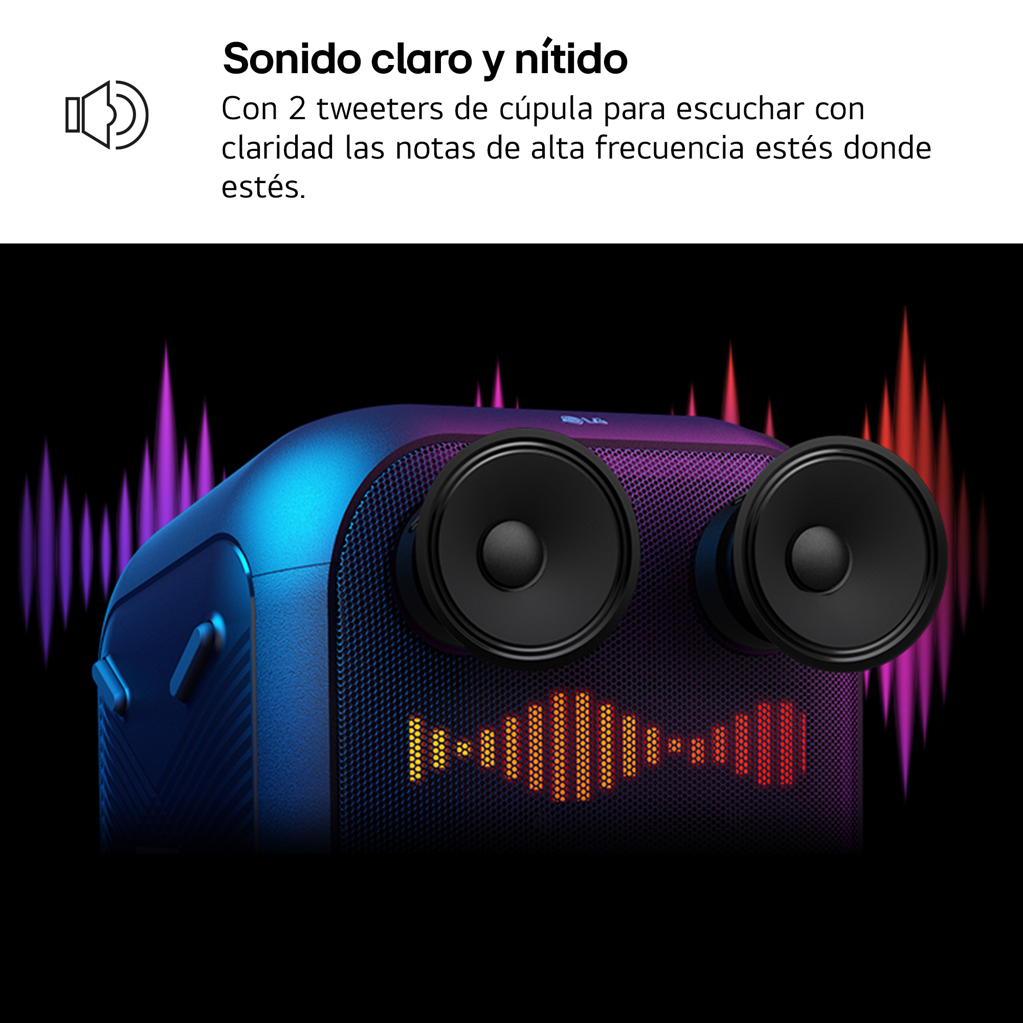 Altavoz con dos altavoces negros grandes y luces coloridas.