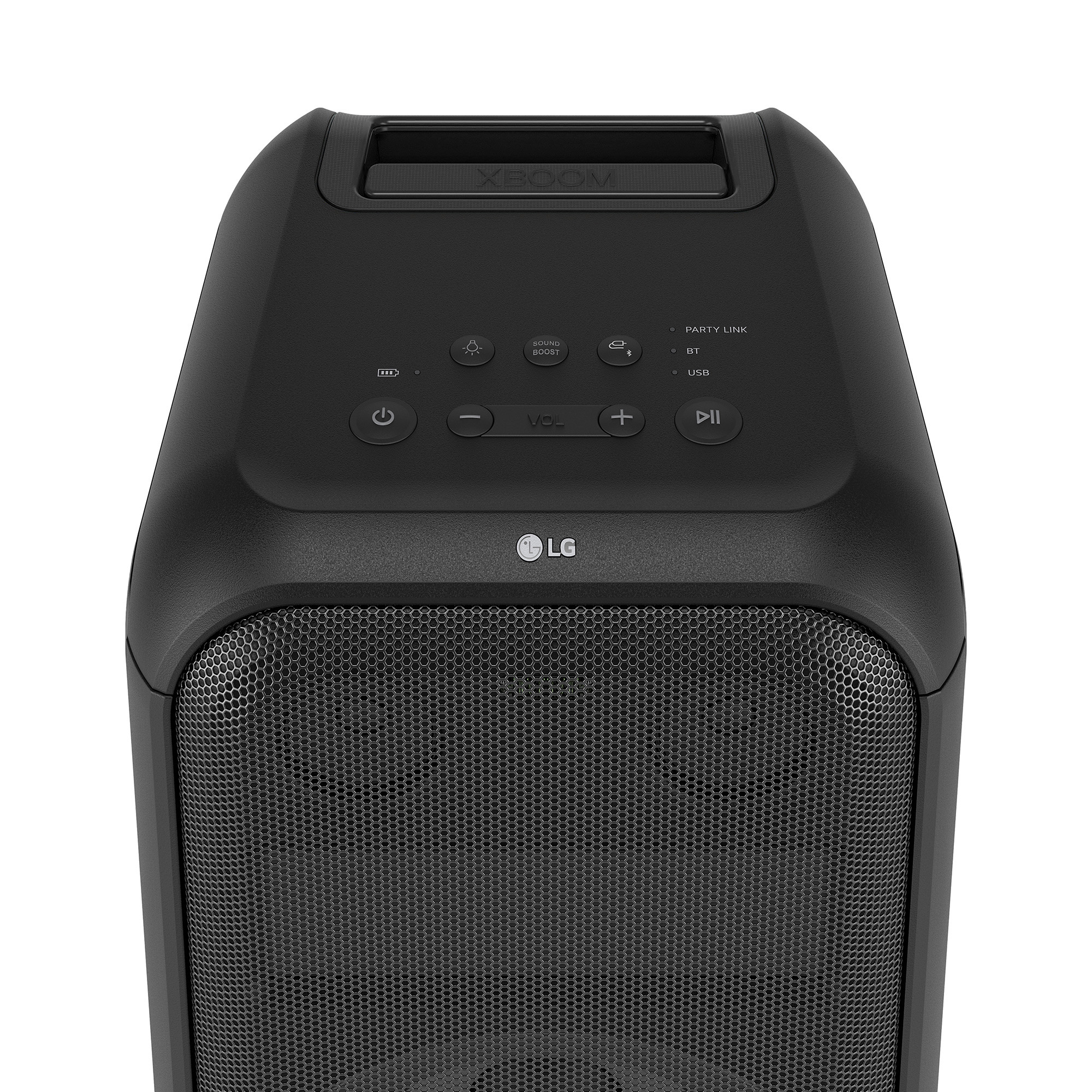 Altavoz negro con botones y frontal de malla.