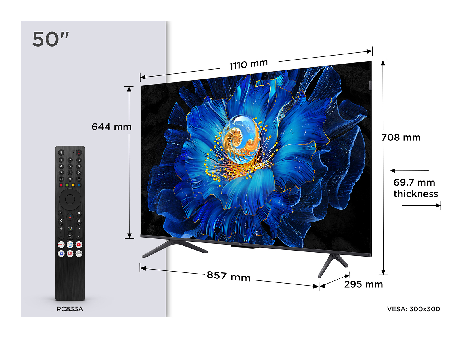 Ficha de información del producto para un televisor TCL, con especificaciones.