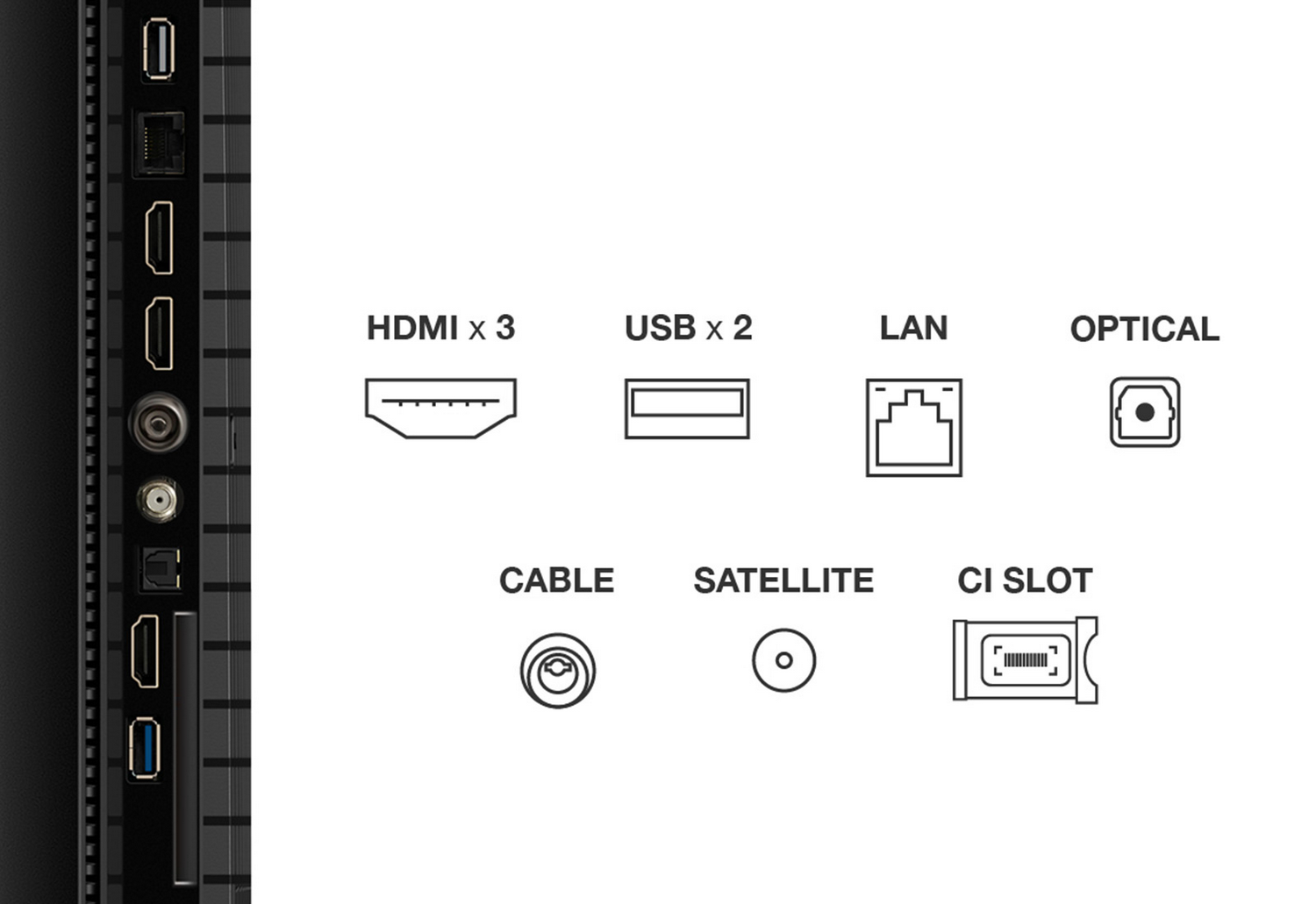 Puertos de TV que incluyen HDMI, USB, LAN, Óptico, Cable, Satélite y ranura CI.
