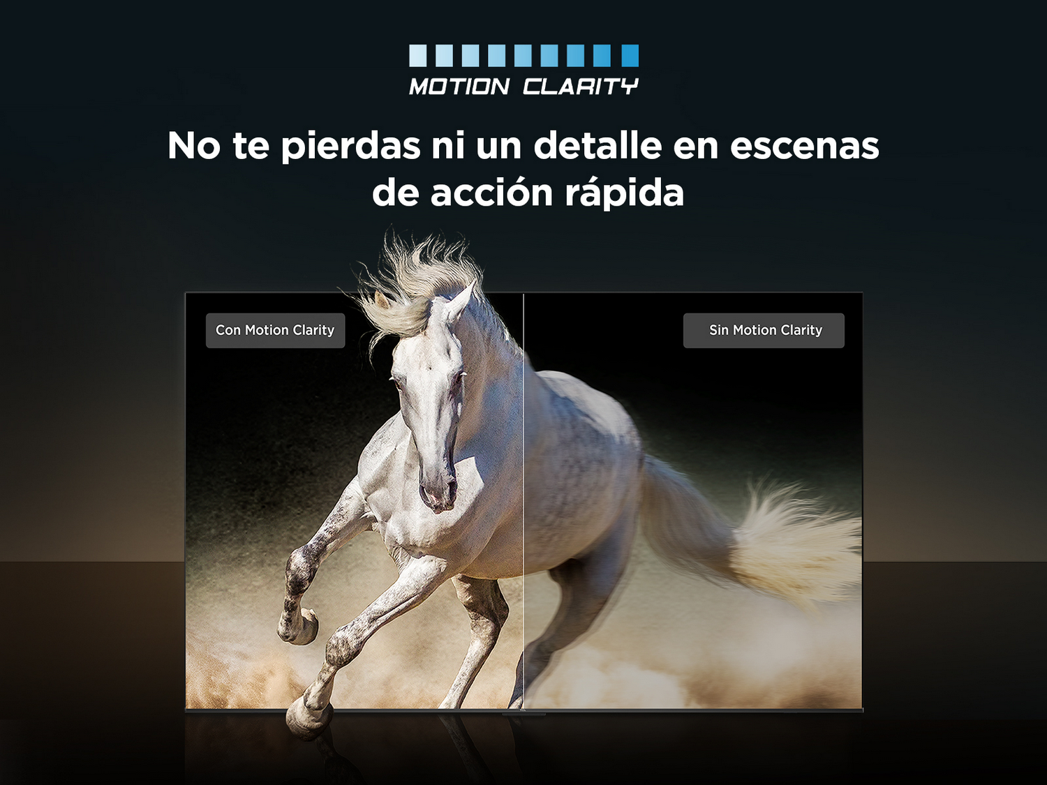 Caballo blanco corriendo, comparación: con y sin Motion Clarity, mejorando la claridad.