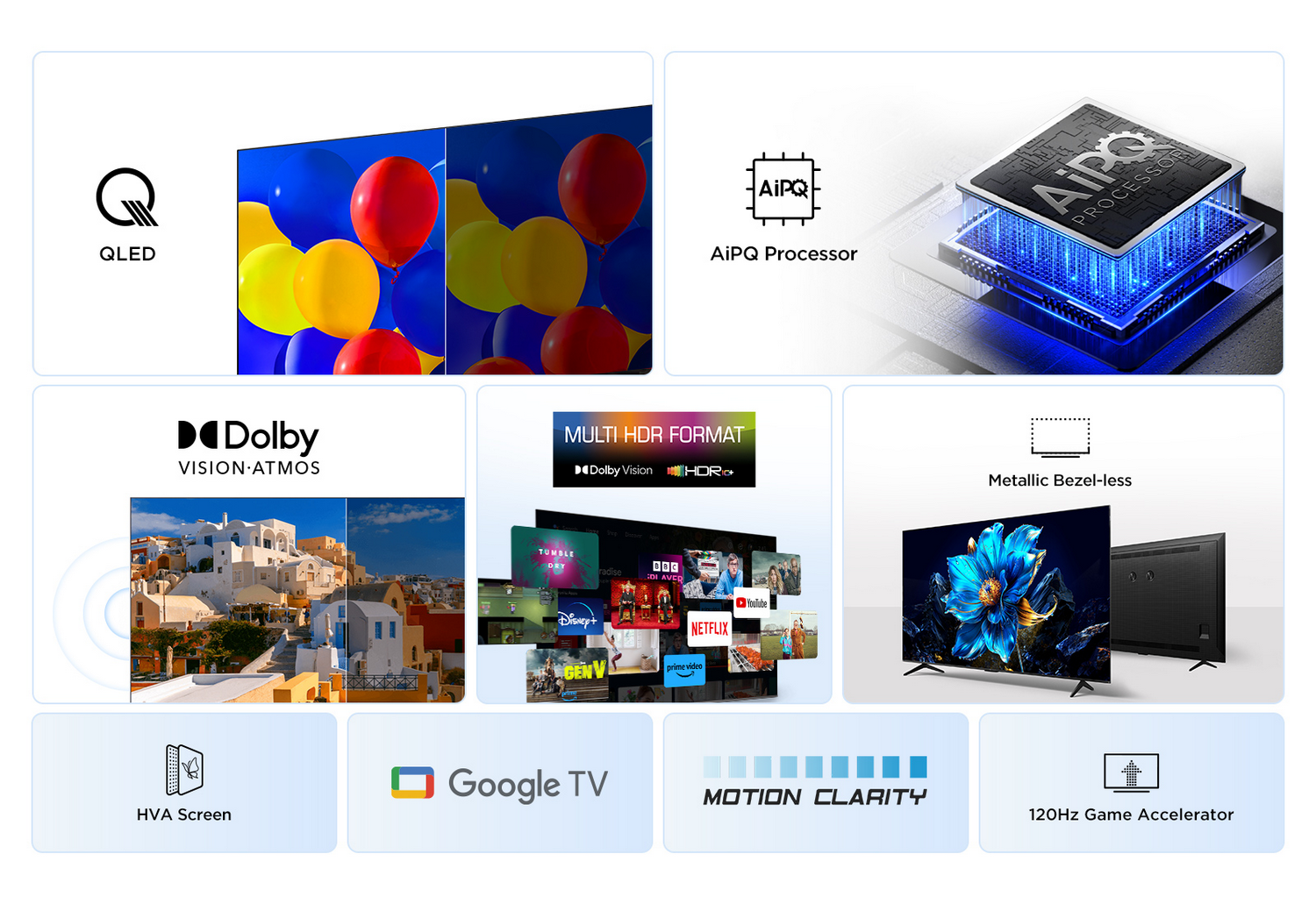 Características de TV QLED, procesador Aipq, Dolby Vision, Google TV, claridad de movimiento, bisel metálico y acelerador de juego 120Hz.
