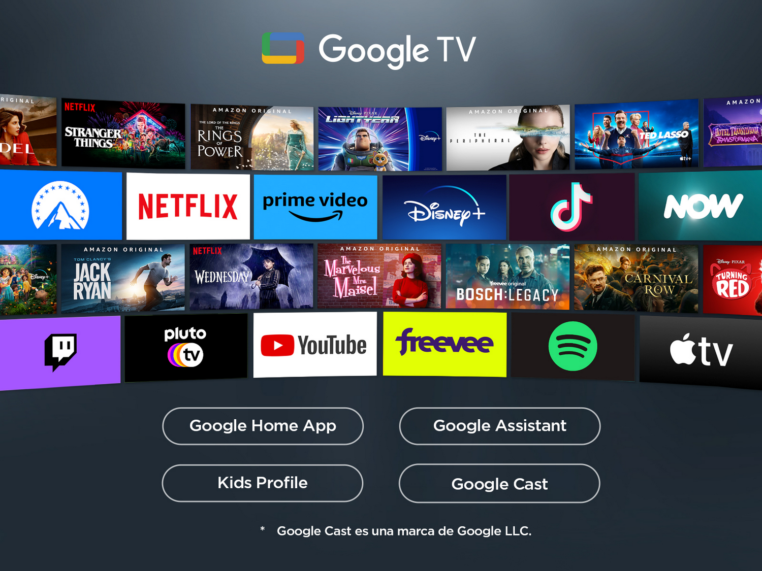 Interfaz de Google TV con apps de streaming como Netflix, Prime Video, Disney+ y otras. Opciones para Google Home, Asistente y Perfil Infantil.