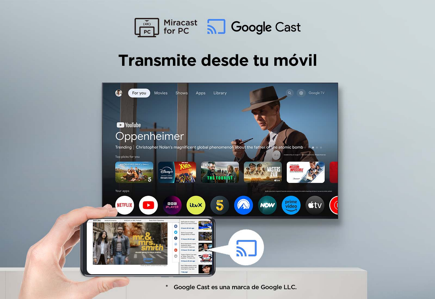 Pantalla de TV mostrando una película. Un teléfono duplicando el contenido. Logos de Google Cast y Miracast para PC.