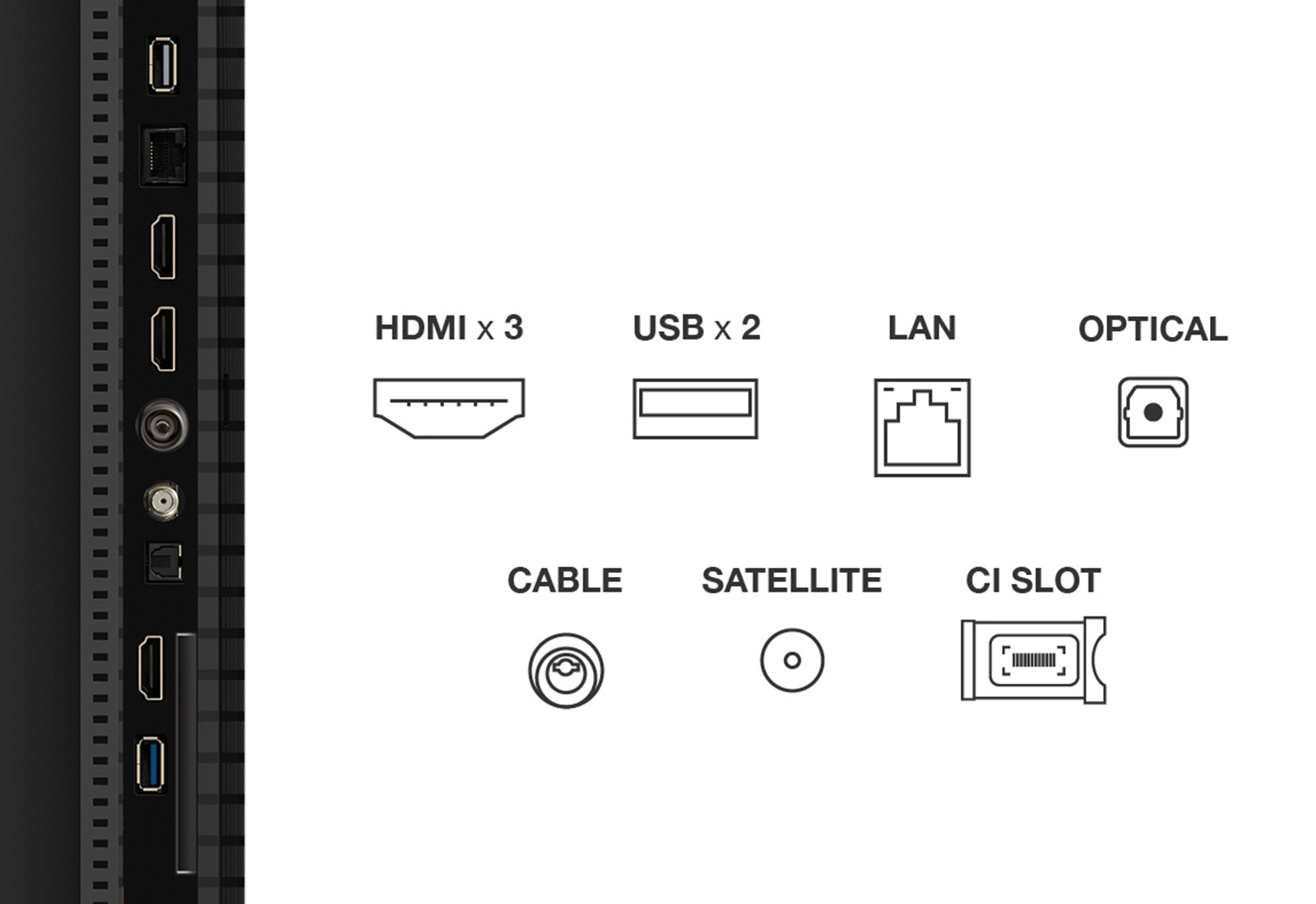 Puertos de TV: HDMI x 3, USB x 2, LAN, Óptico, Cable, Satélite y Ranura CI. Iconos en blanco y negro sobre fondo blanco.