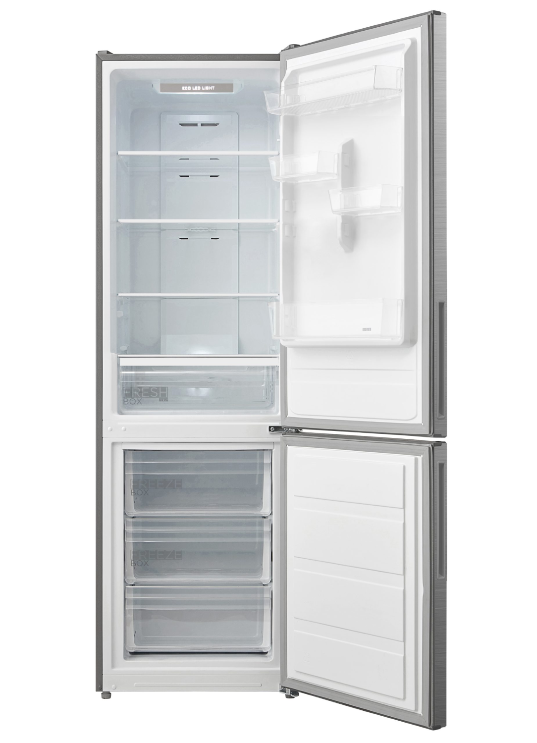 Refrigerador abierto mostrando estantes, cajones y luz LED.