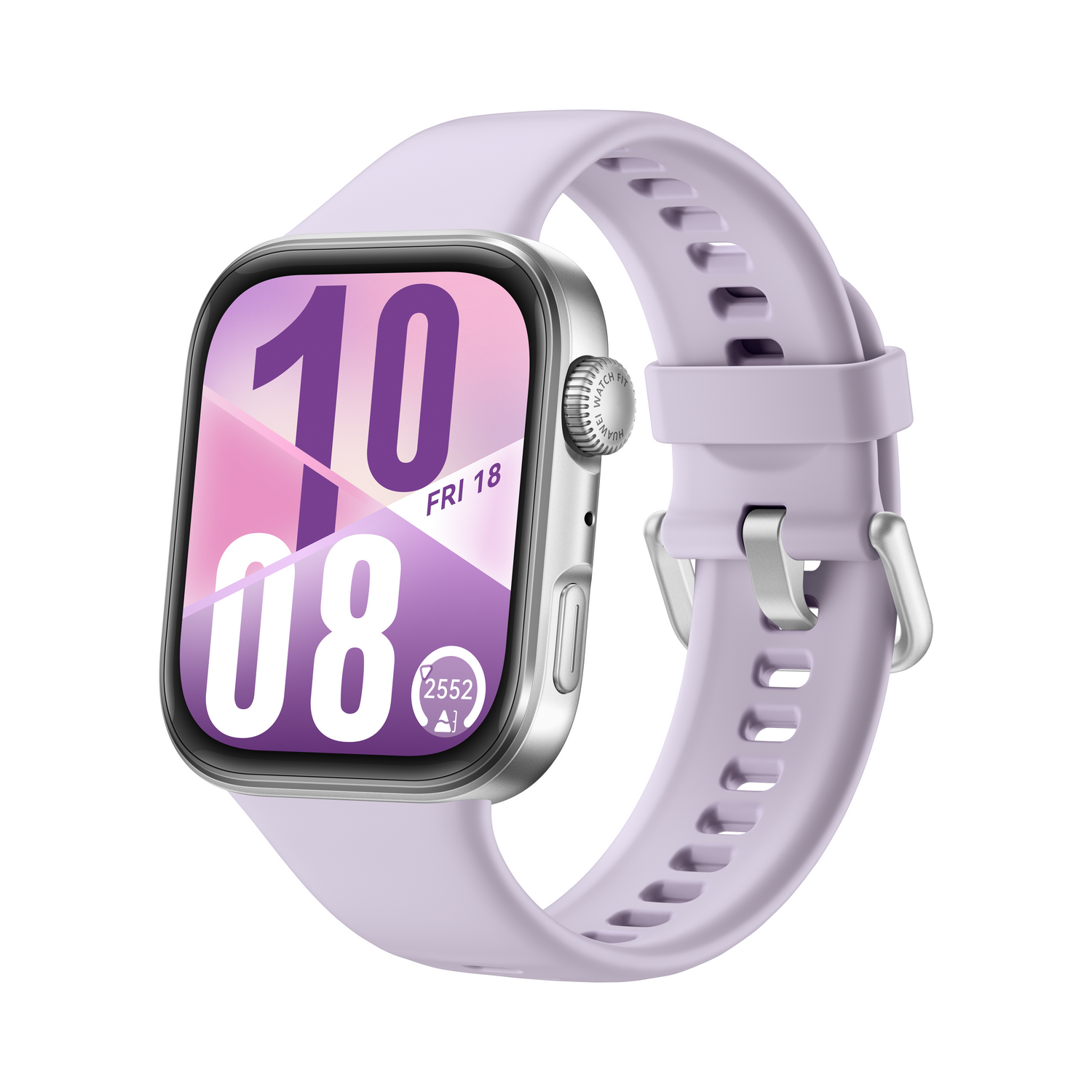 Un smartwatch lila mostrando la hora y fecha, con correa.