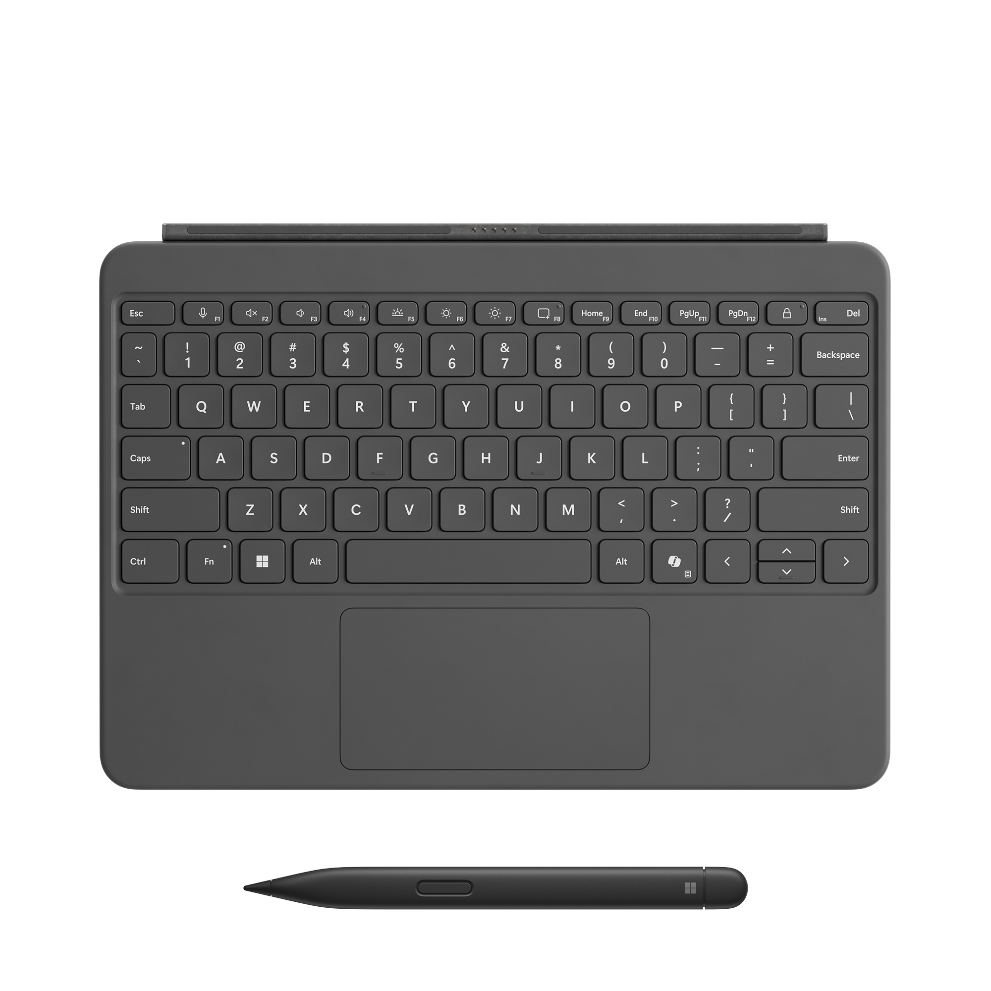 Un clavier gris foncé avec pavé tactile et stylet. Les touches sont étiquetées avec des lettres, des chiffres et des symboles.