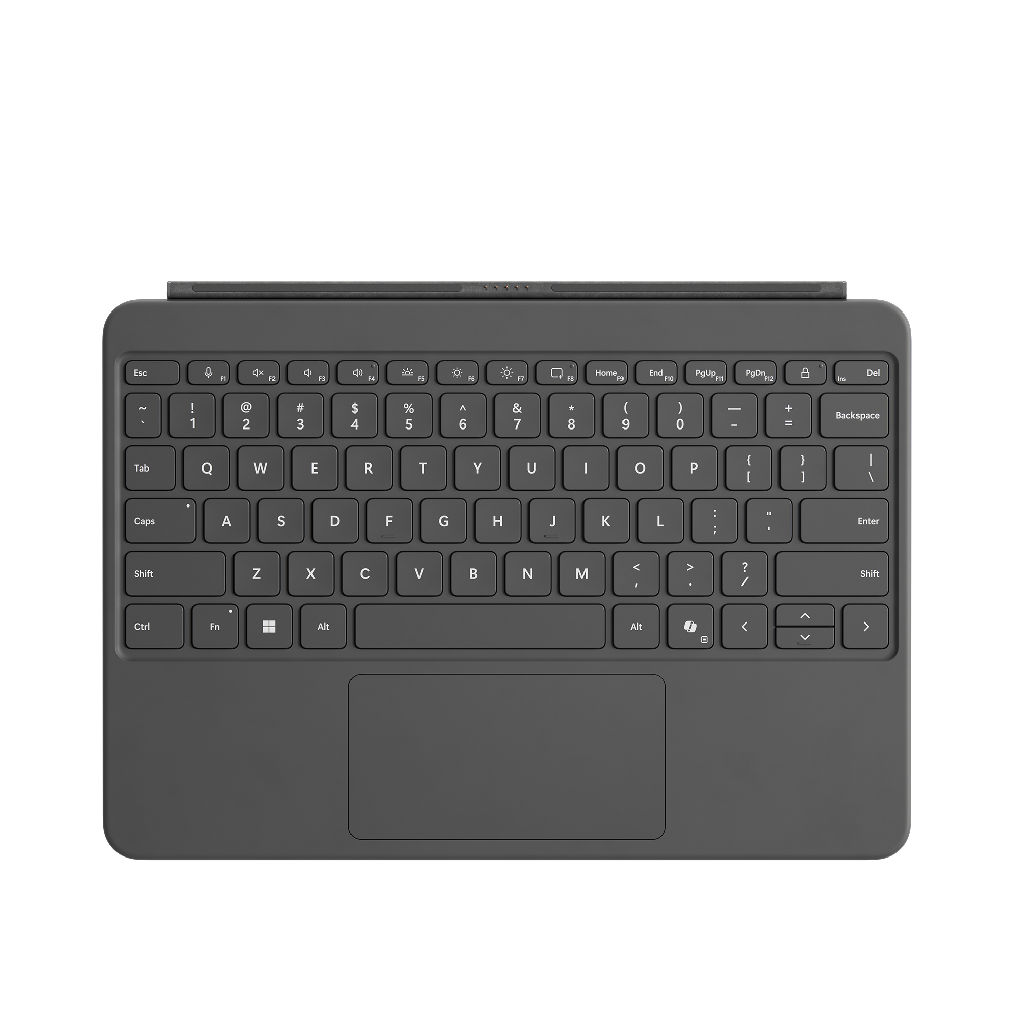 Donkergrijs toetsenbord met touchpad. Toetsen met letters, cijfers en functies.