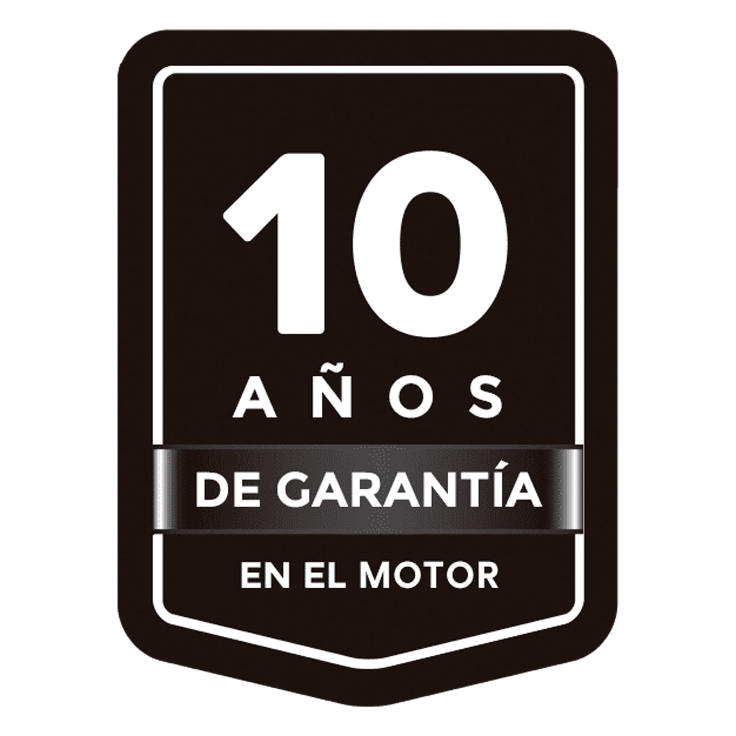 Insignia negra con texto blanco: 10 AÑOS, DE GARANTÍA, EN EL MOTOR.