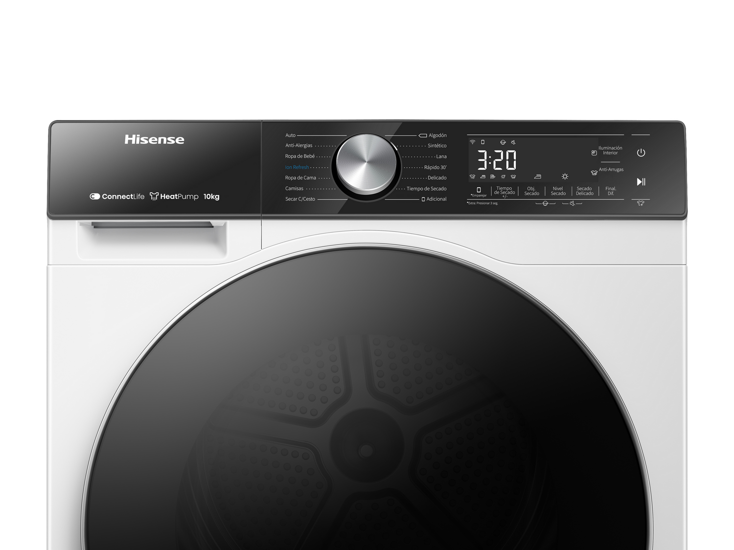 Primer plano del panel de control de una secadora Hisense blanca. La pantalla muestra la hora. Dial y botones visibles.