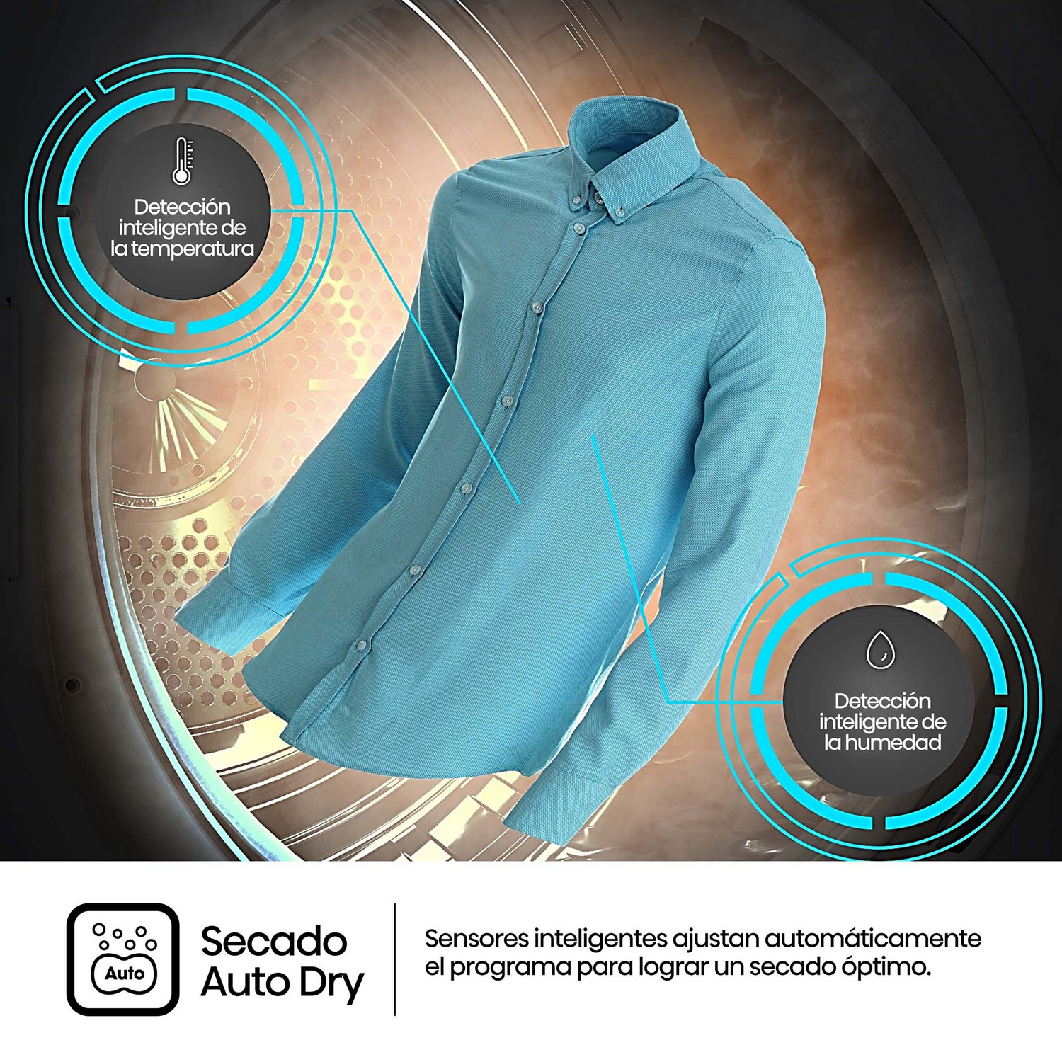 Una camisa azul que se seca con Auto Dry. Sensores inteligentes ajustan el programa para un secado óptimo.