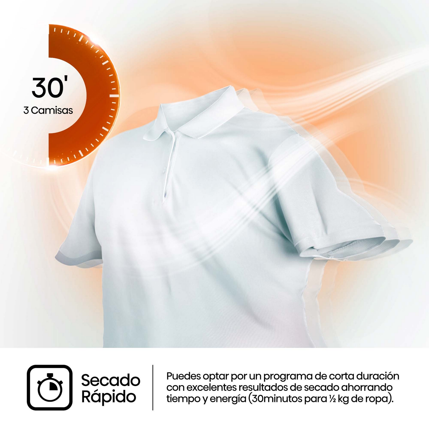 Una camisa polo blanca que se seca en 30 minutos. El temporizador se muestra con el texto '3 Camisas'.