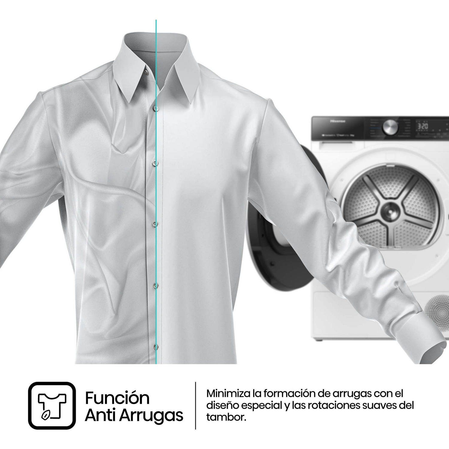 Una camisa blanca se seca con prevención de arrugas. El lado izquierdo muestra arrugas; el derecho es liso.
