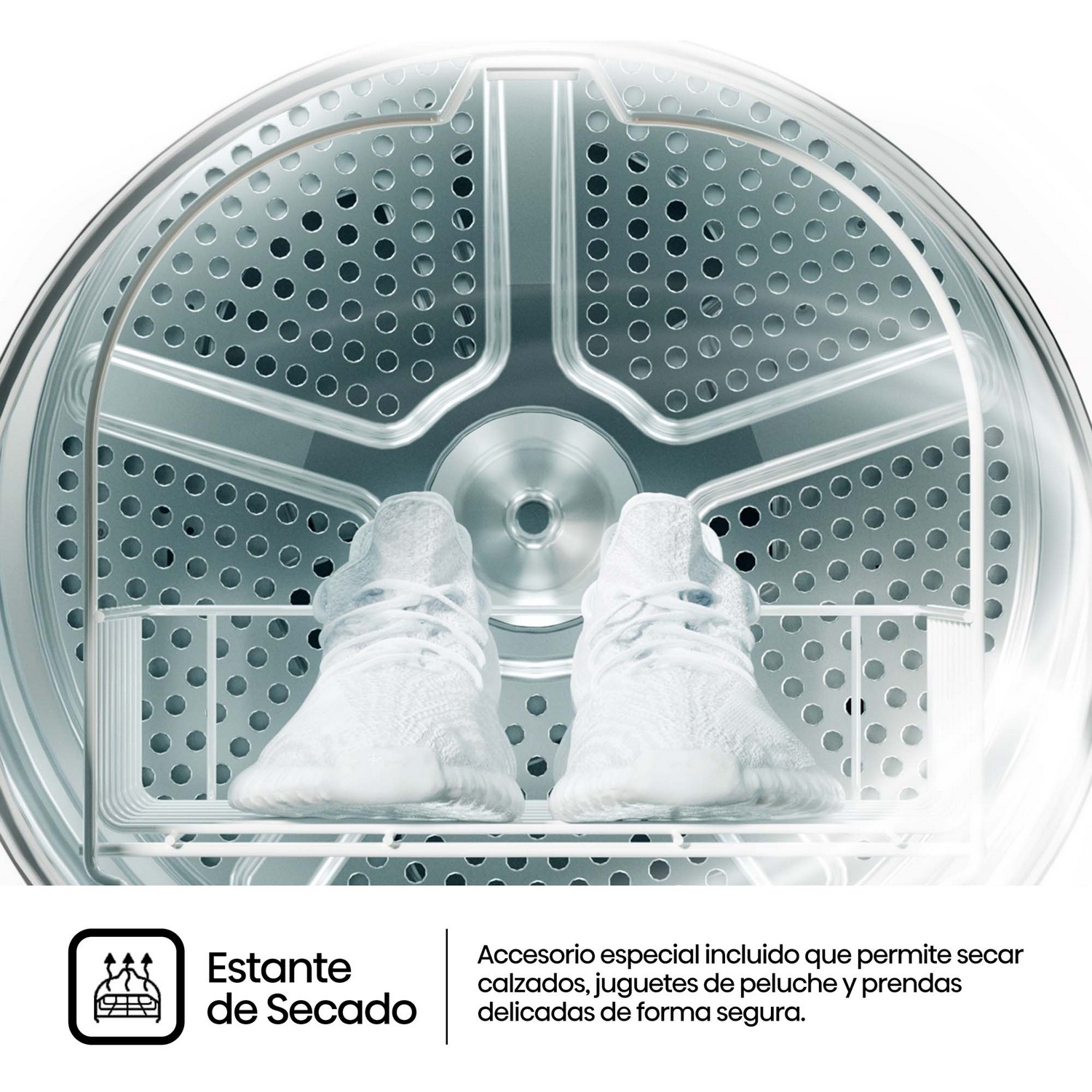 Dentro de una secadora con una rejilla, se colocan dos zapatillas blancas para secar.