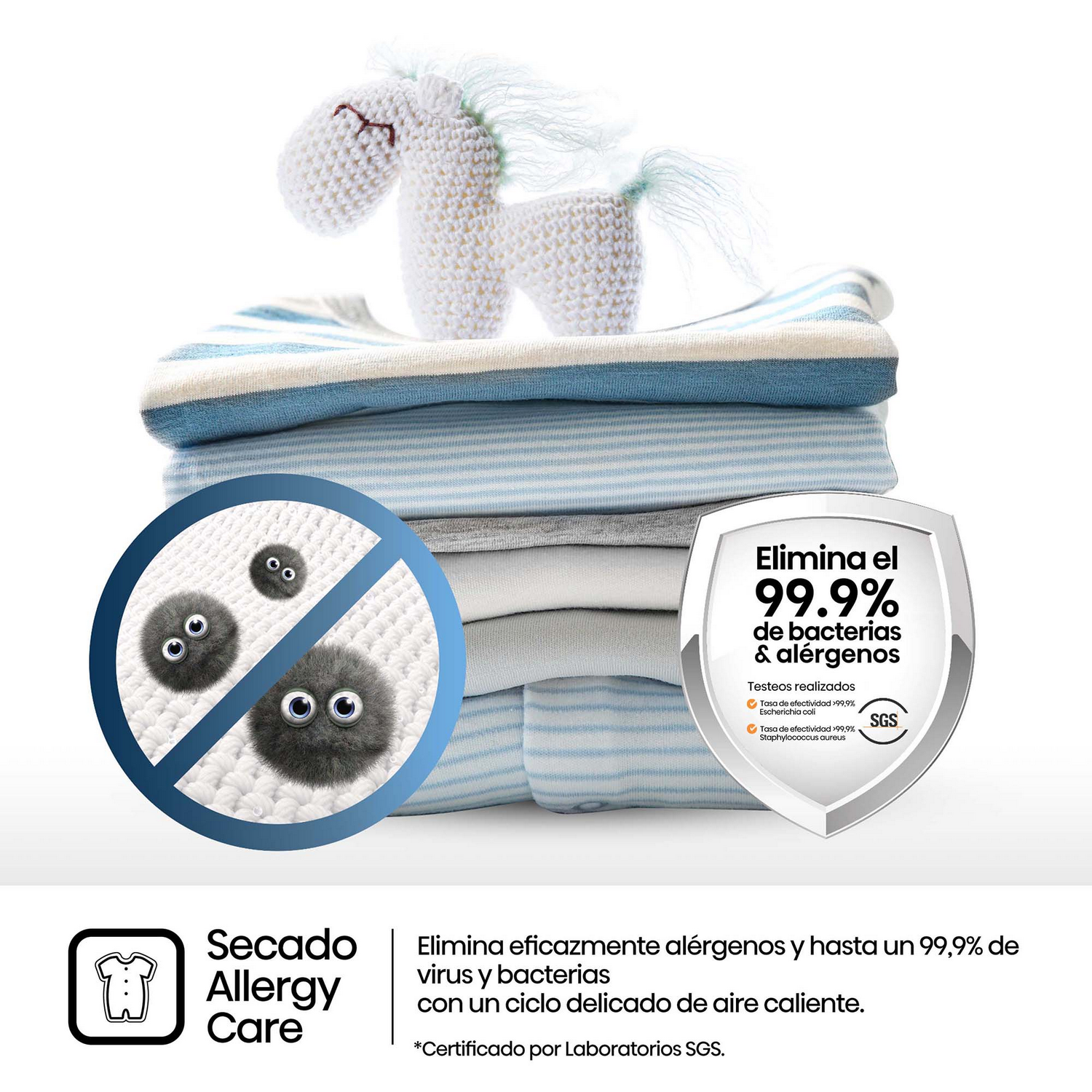 Se muestra una pila de ropa de bebé con un peluche. La secadora elimina el 99,9% de bacterias y alérgenos.