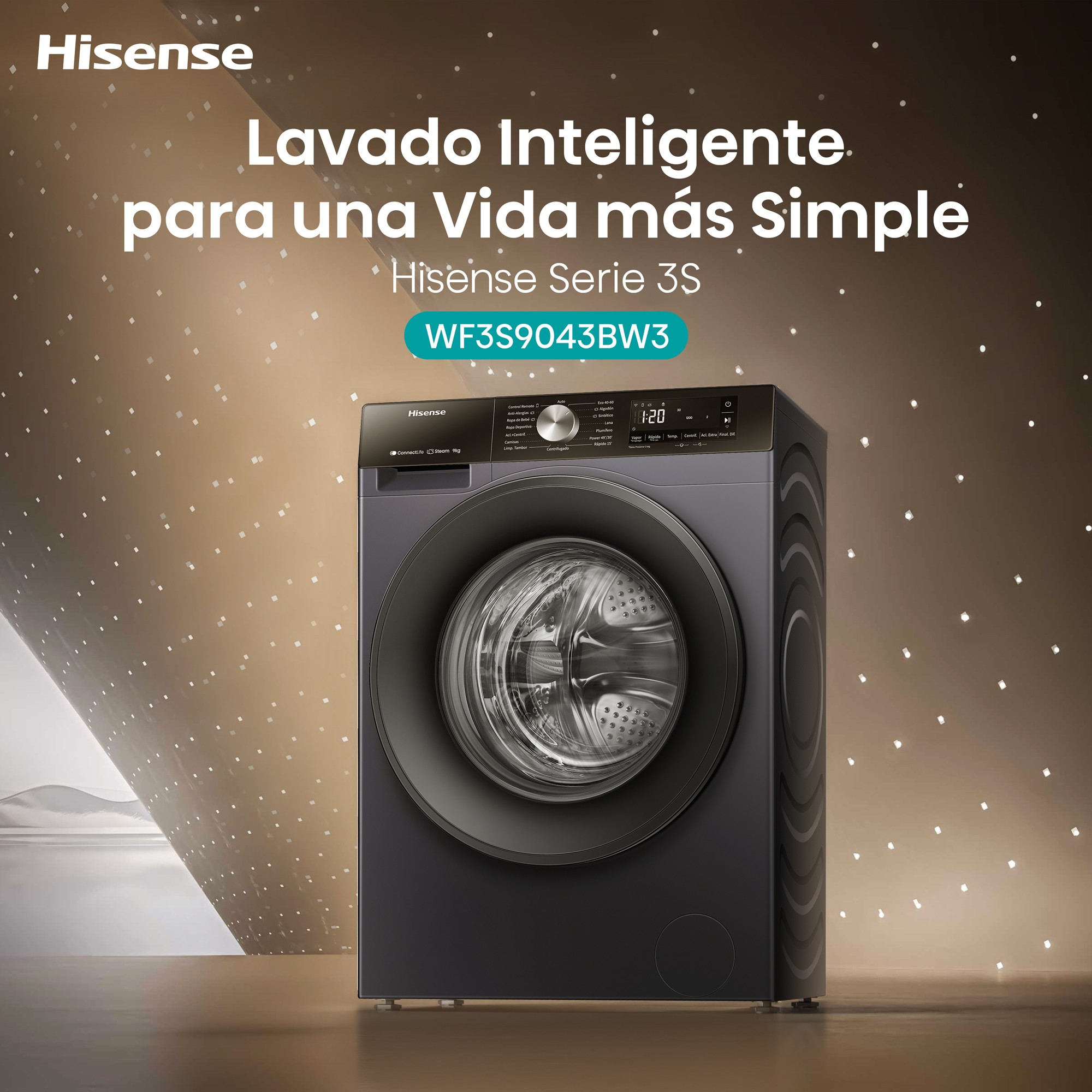 Lavadora Hisense. Frente gris oscuro, puerta negra y cuerpo blanco. Texto: Lavado inteligente para una vida más sencilla.