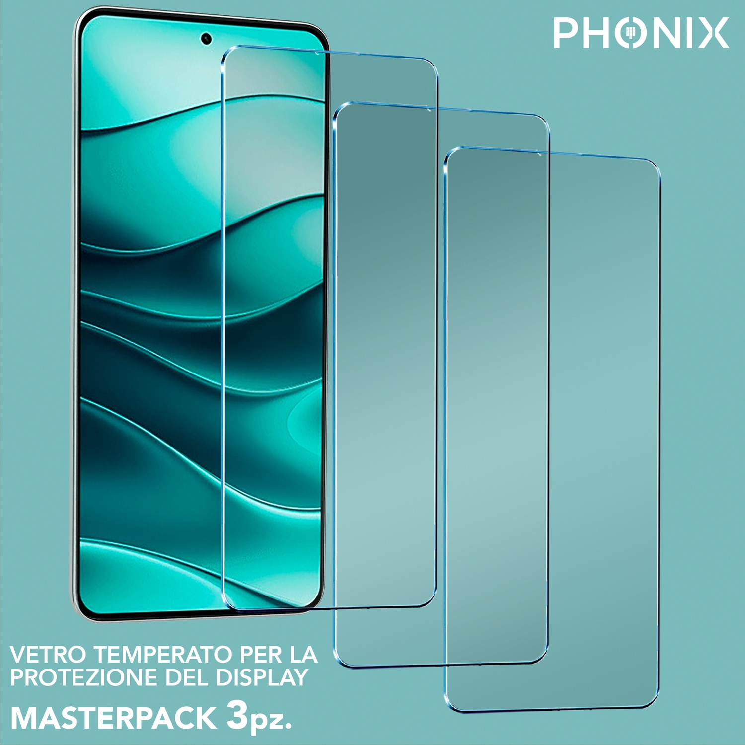 Tre protezioni schermo e un telefono. L'immagine mostra un prodotto chiamato MASTERPACK 3pz. per la protezione del display.