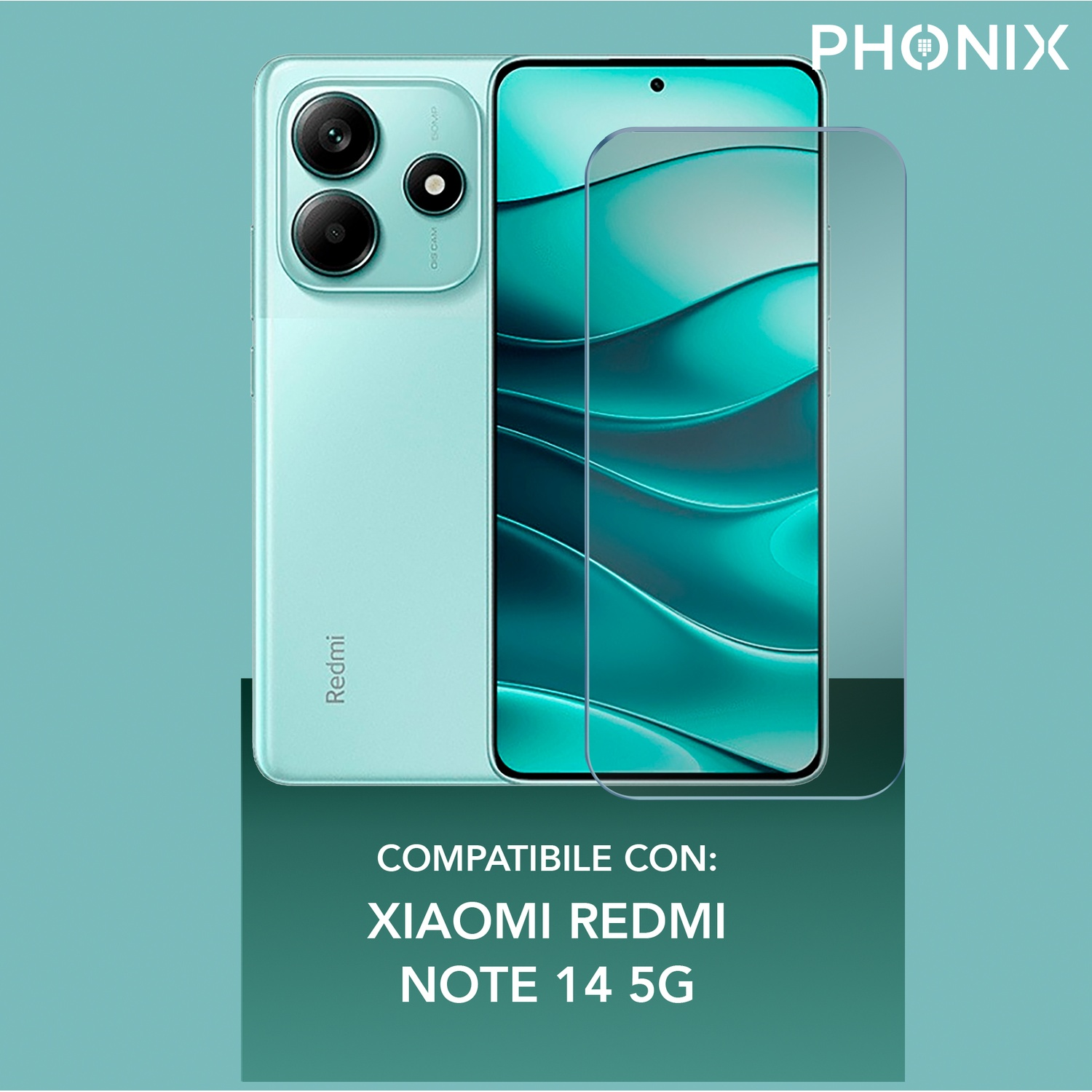 Telefono Redmi verde menta con protezione schermo. Il telefono ha una configurazione a tripla fotocamera e il testo dice Redmi.