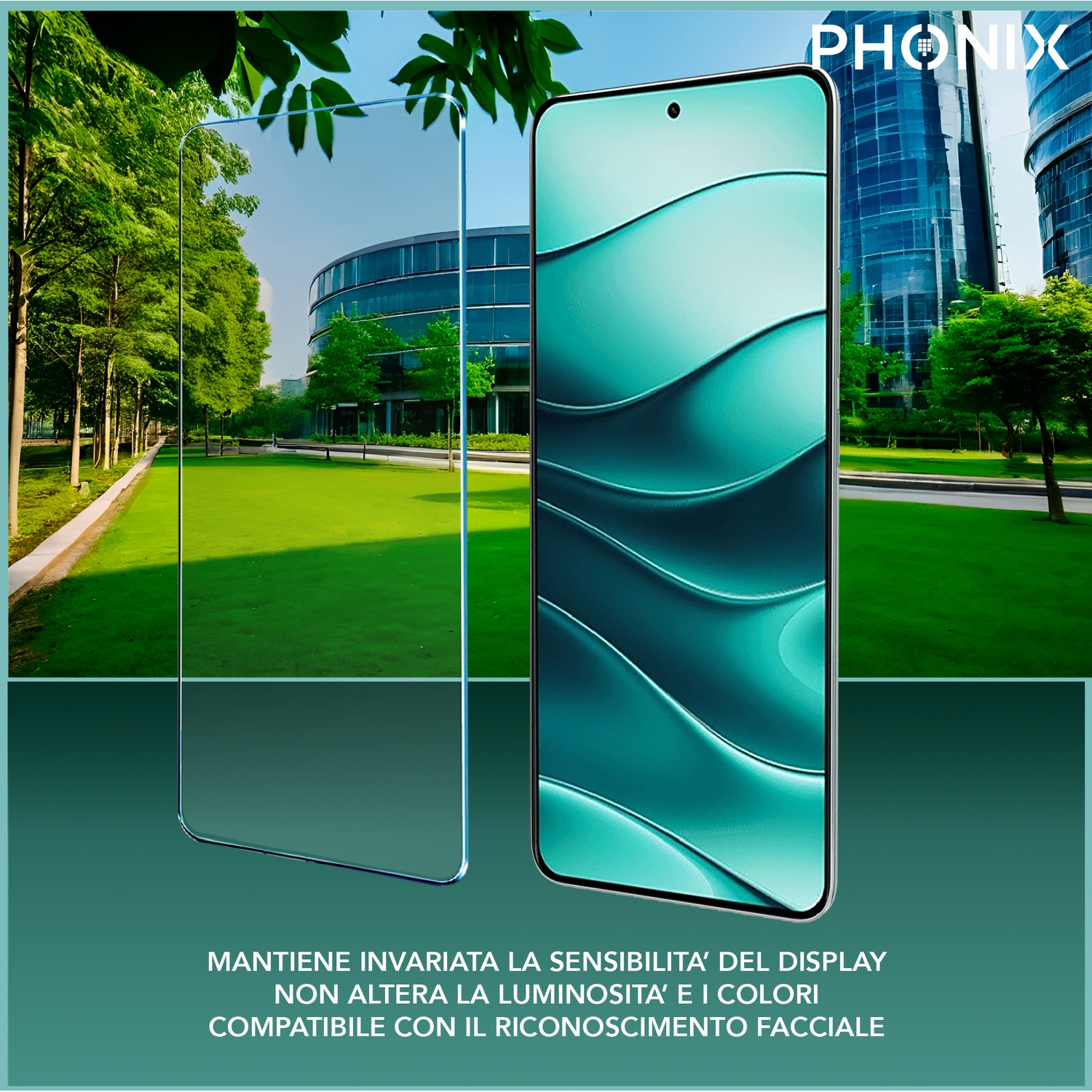 Telefono con protezione schermo. Sfondo: alberi, edificio e cielo. Testo: mantiene la sensibilità del display, non altera i colori.
