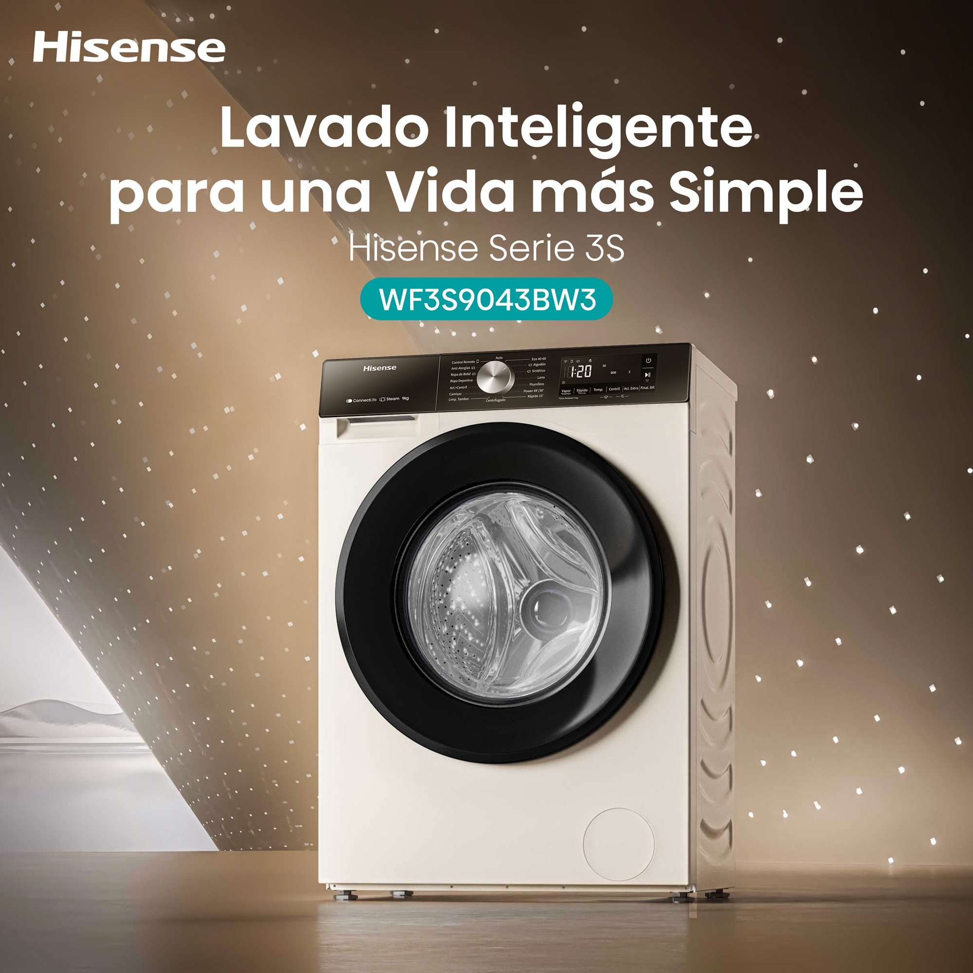 Lavadora Hisense. Frente color crema, puerta negra y cuerpo blanco. Texto: Lavado inteligente para una vida más sencilla.