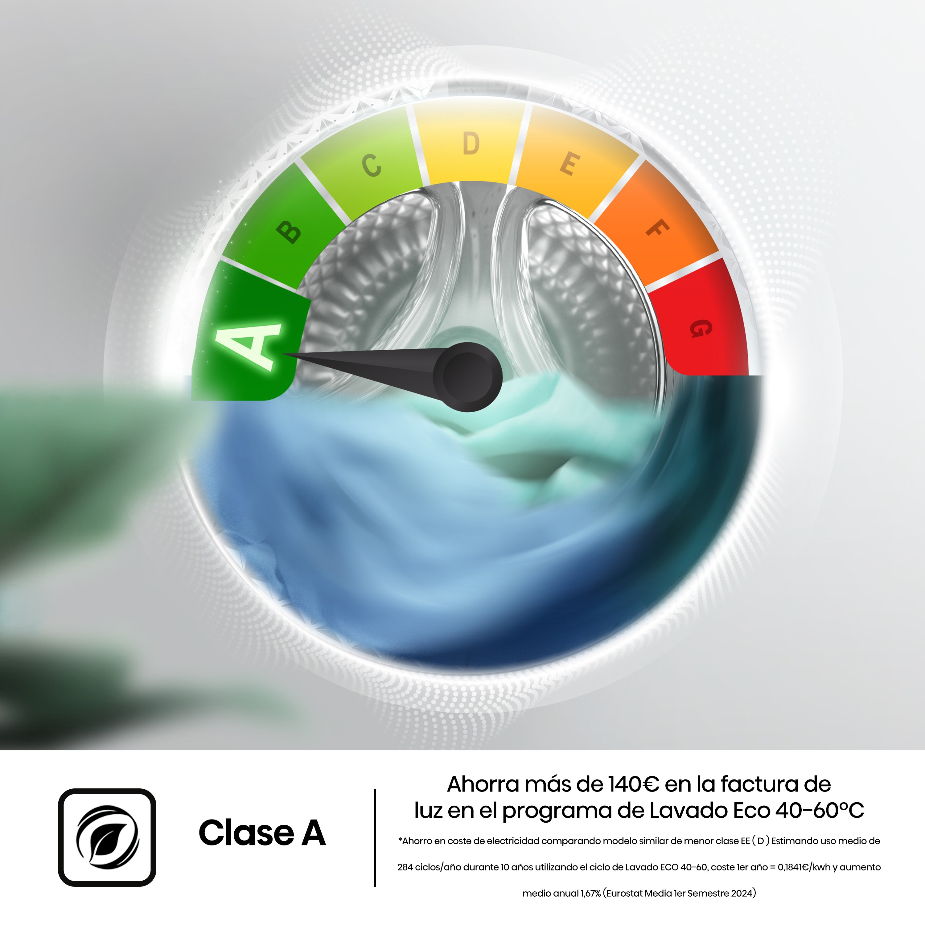 Etiqueta energética de lavadora con clasificación A. Texto: Ahorre más de 140€ en la factura de electricidad.