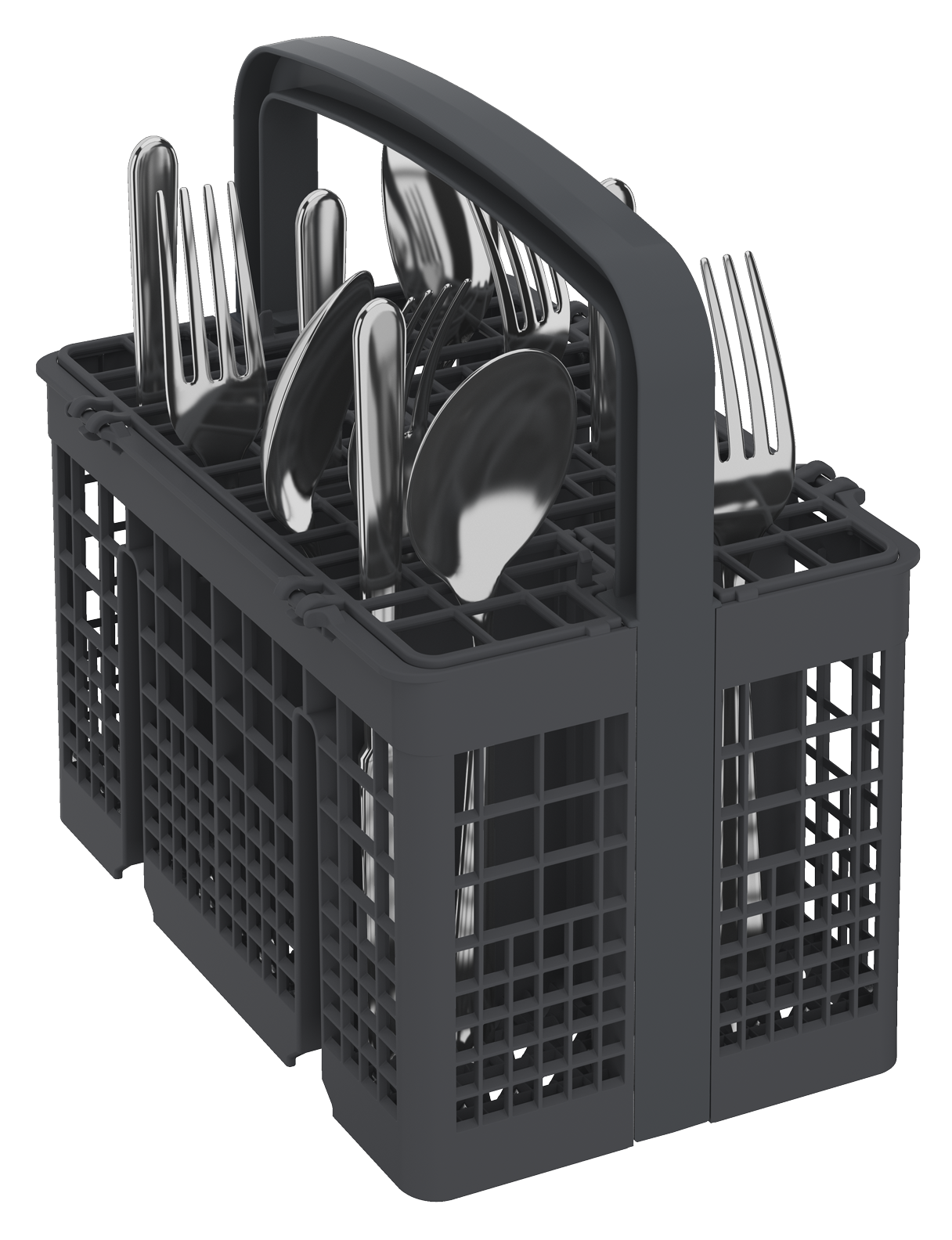 Kosz pełen sztućców. Widły, łyżki i noże są starannie ułożone.