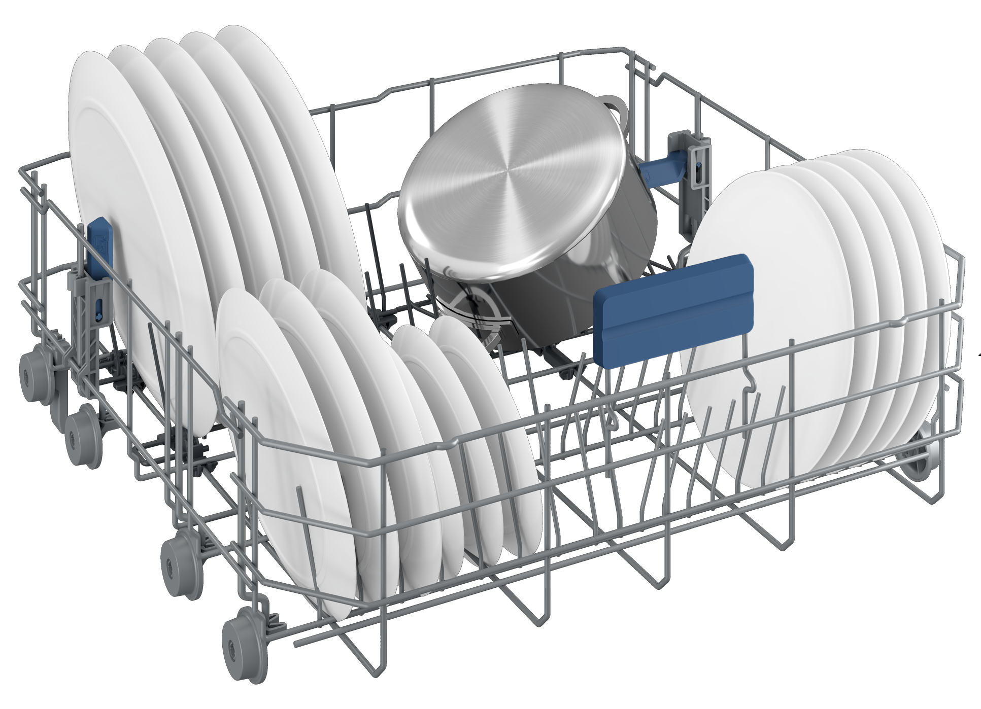 Wnętrze zmywarki z talerzami i garnkiem. Talerze po lewej i prawej stronie.