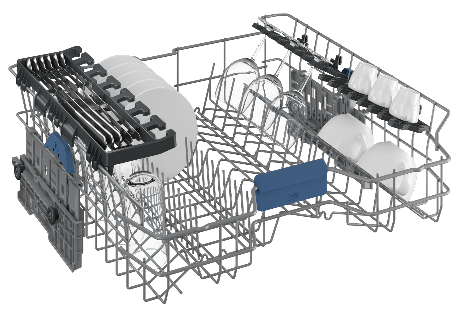 Wnętrze zmywarki z naczyniami i szklankami. Talerze po lewej. Szklanki na górze.