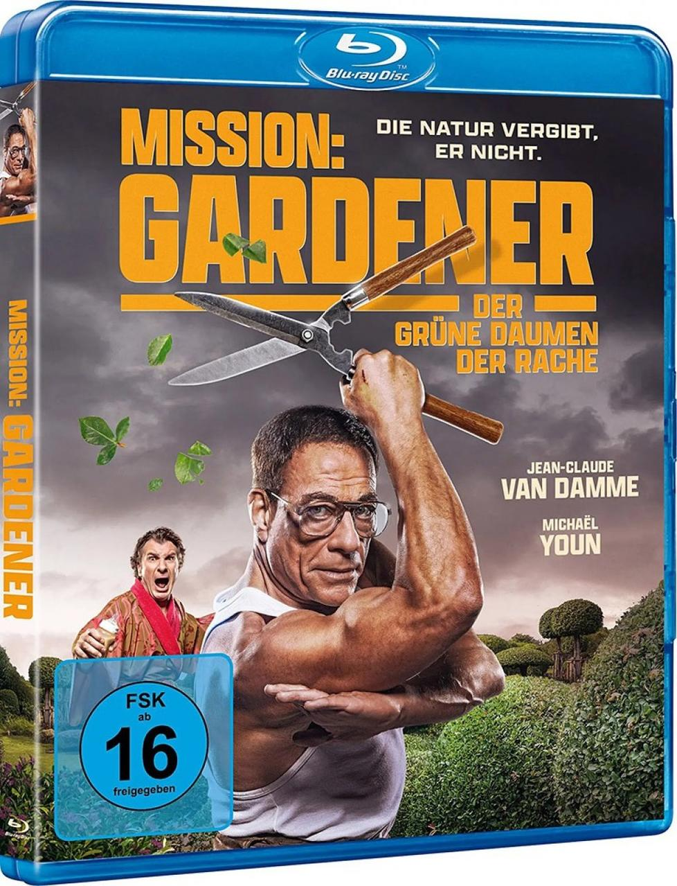 Mission Gardener Blu-ray-Cover. Van Damme im weißen Tanktop mit Schere, Mann im Hintergrund.