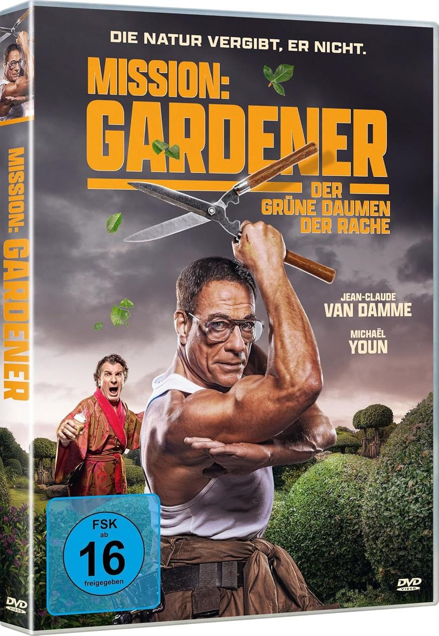Mission Gardener DVD-Cover. Van Damme mit Schere, ein anderer Mann, Gartenhintergrund.